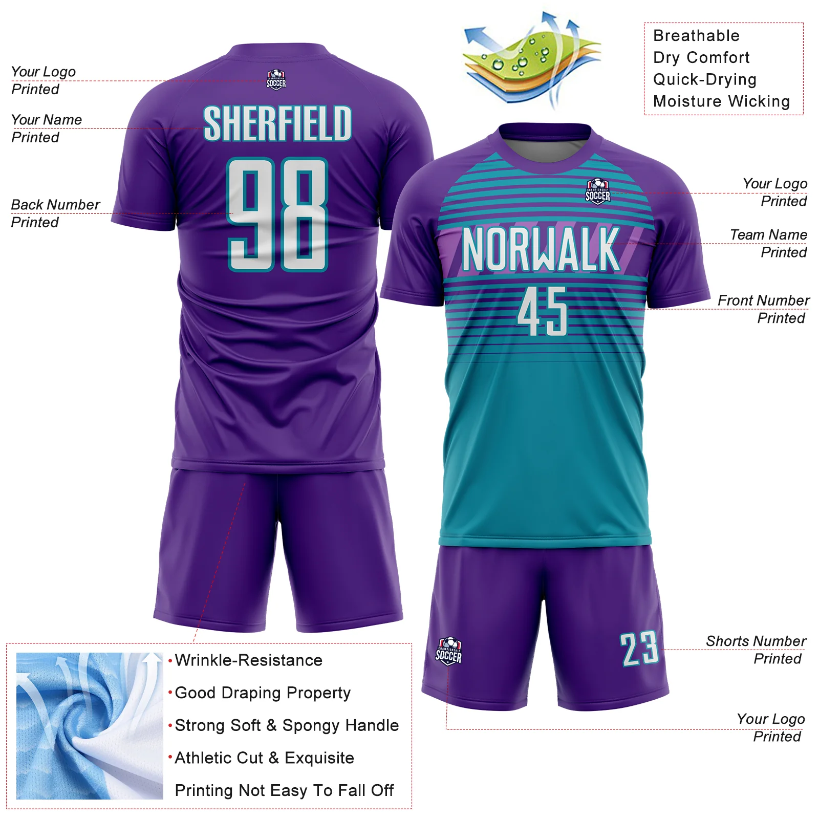 Custom Purple White Teal-Medium Purple Gradient Horizontal Stripes Sublimation Soccer Uniform Jersey - Image 4