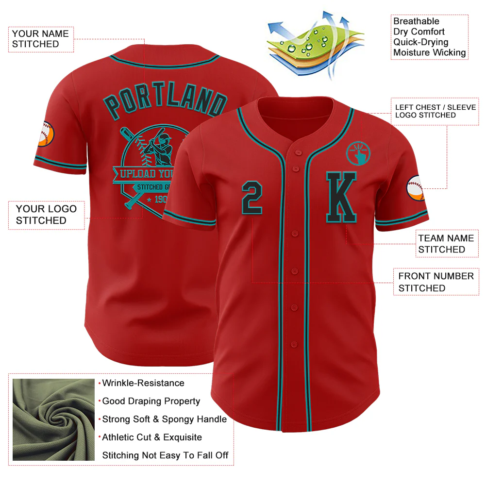 Custom Red Black-Teal Authentic Baseball Jersey - Image 6