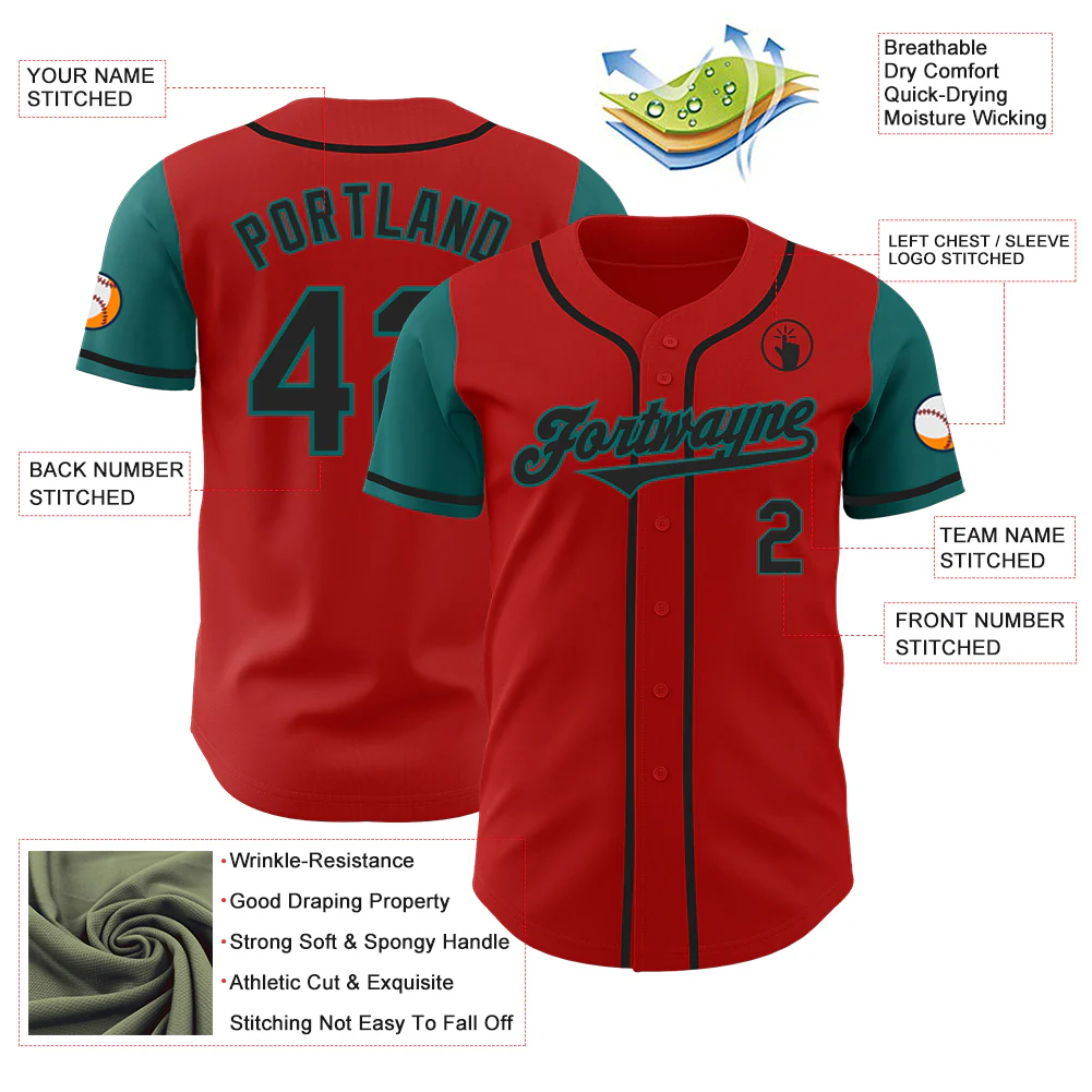 Custom Red Black-Teal Authentic Two Tone Baseball Jersey - Image 3