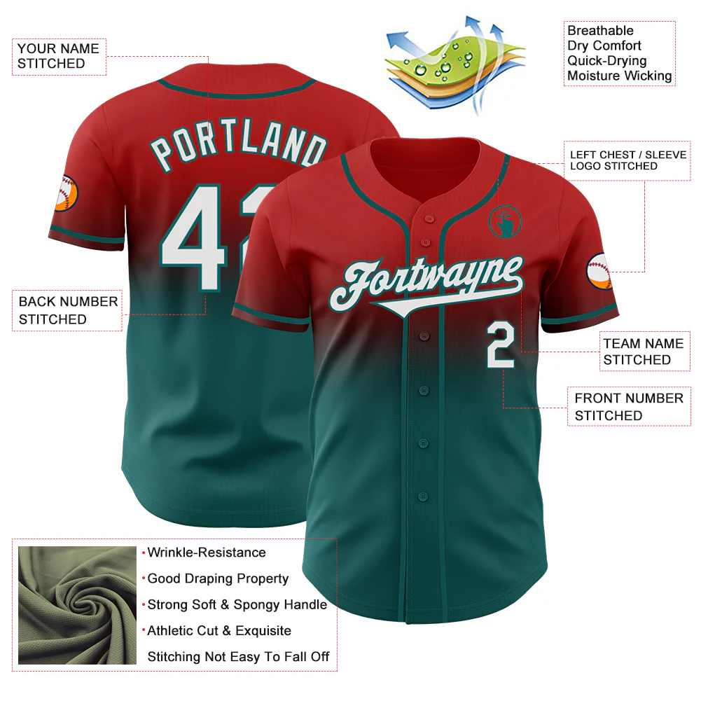 Custom Red White-Teal Authentic Fade Fashion Baseball Jersey - Image 3