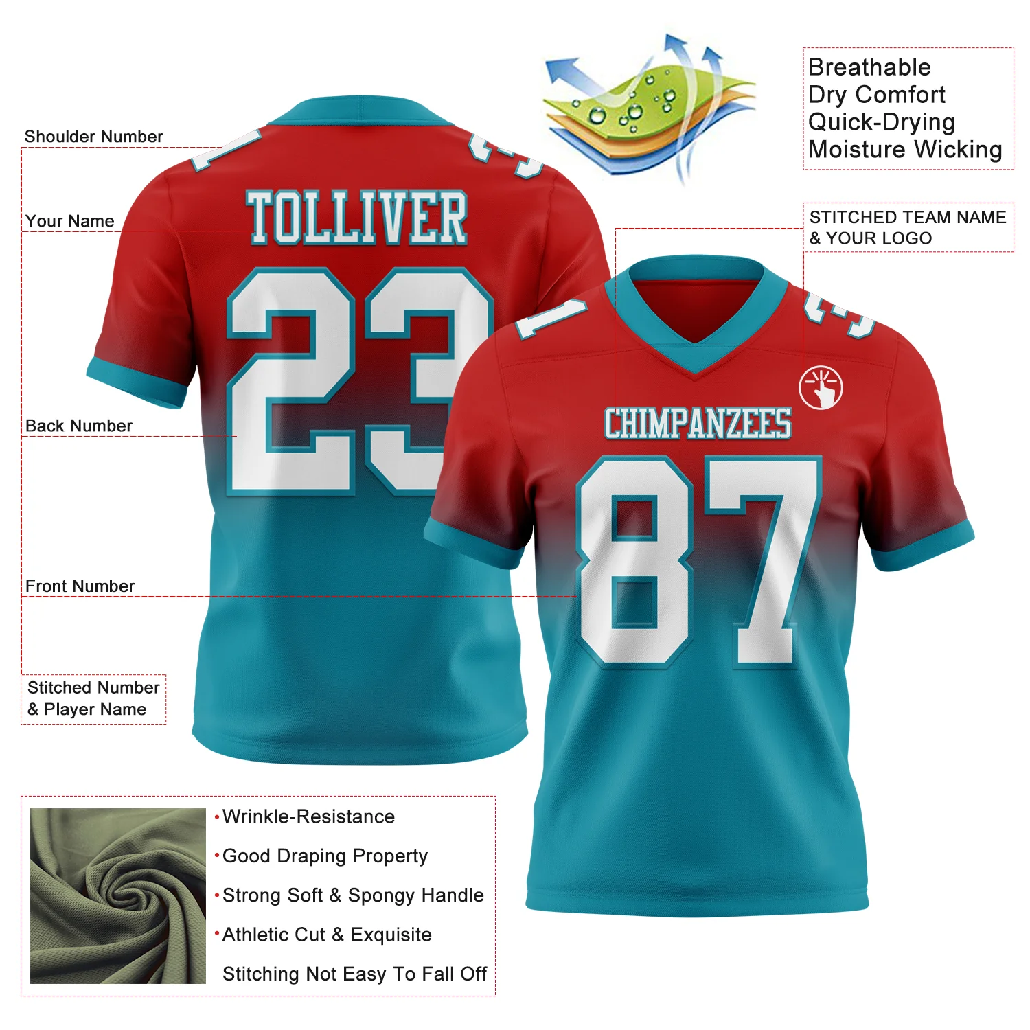 Custom Red White-Teal Authentic Fade Fashion Football Jersey - Image 2