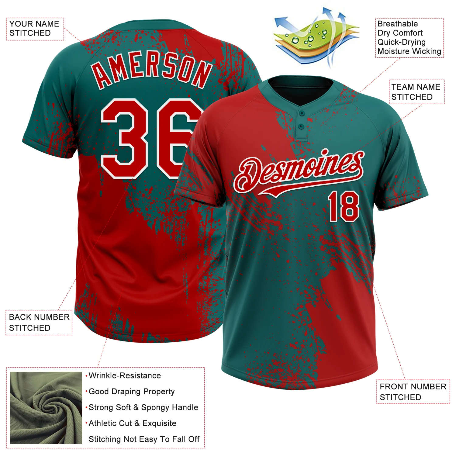 Custom Red Teal-White 3D Pattern Abstract Brush Stroke Two-Button Unisex Softball Jersey - Image 3