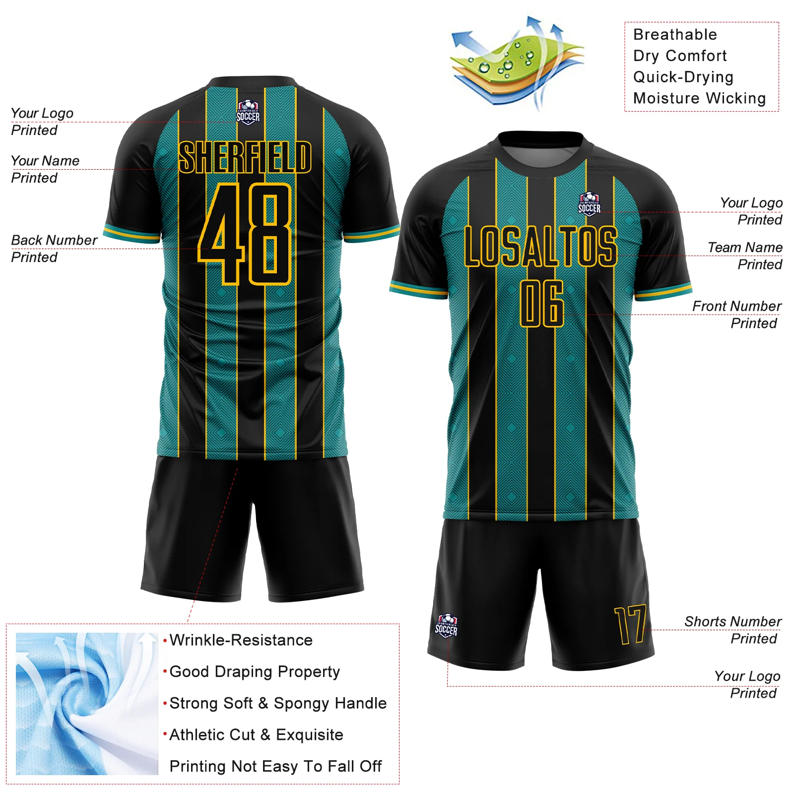 Custom Black Teal-Yellow Pinstripe Line Sports Sublimation Soccer Uniform Jersey - Image 4