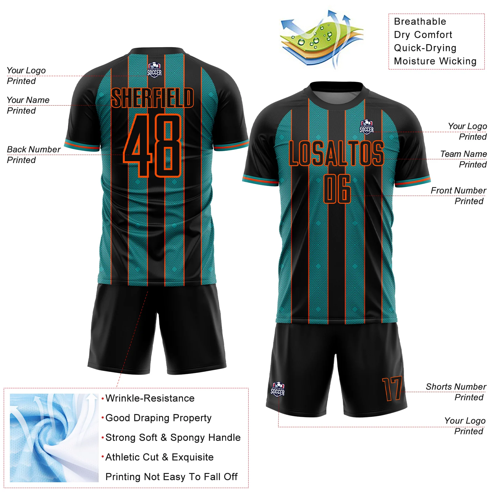 Custom Black Teal-Orange Pinstripe Line Sports Sublimation Soccer Uniform Jersey - Image 4