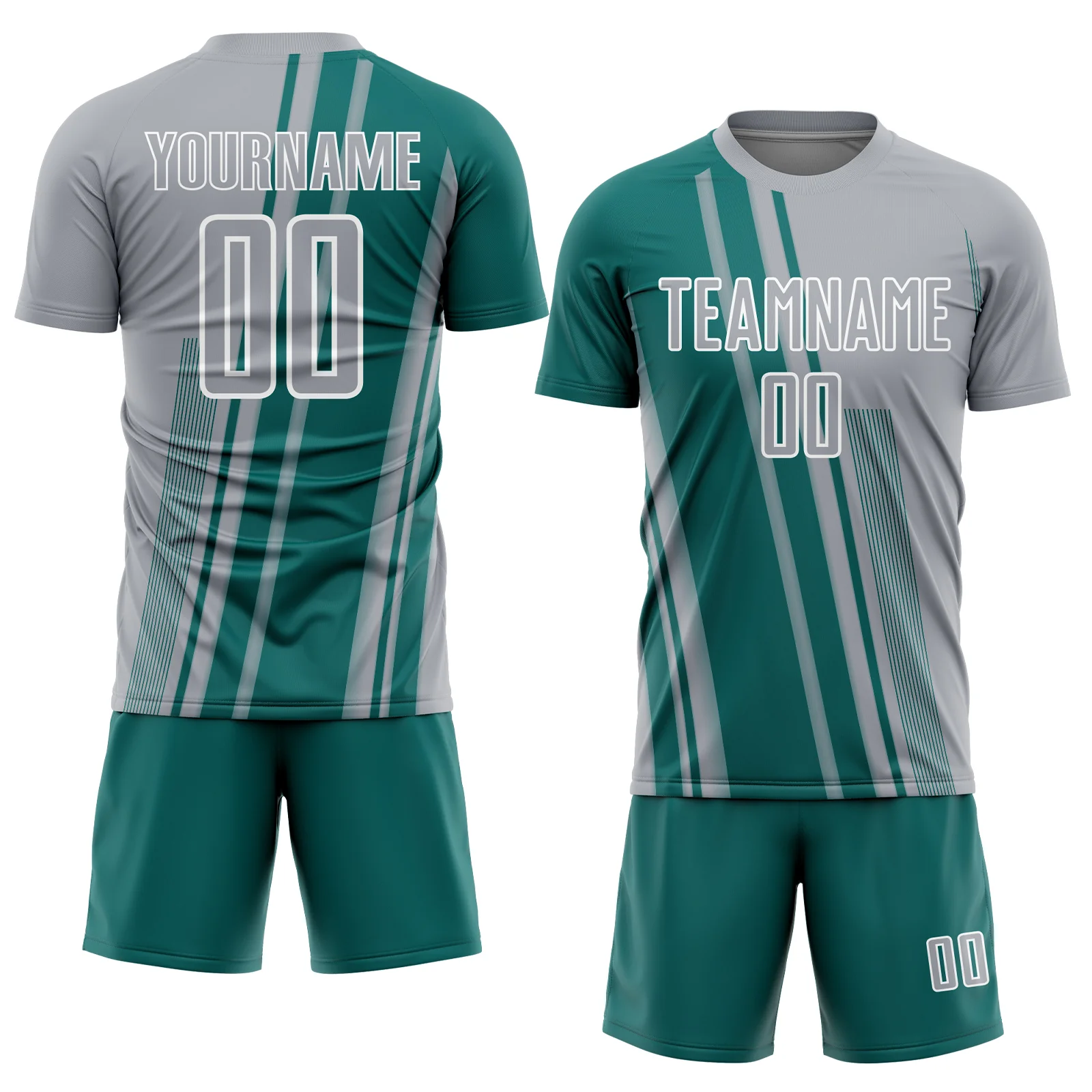 Custom Gray Teal-White Lines Sports Sublimation Soccer Uniform Jersey - Image 2