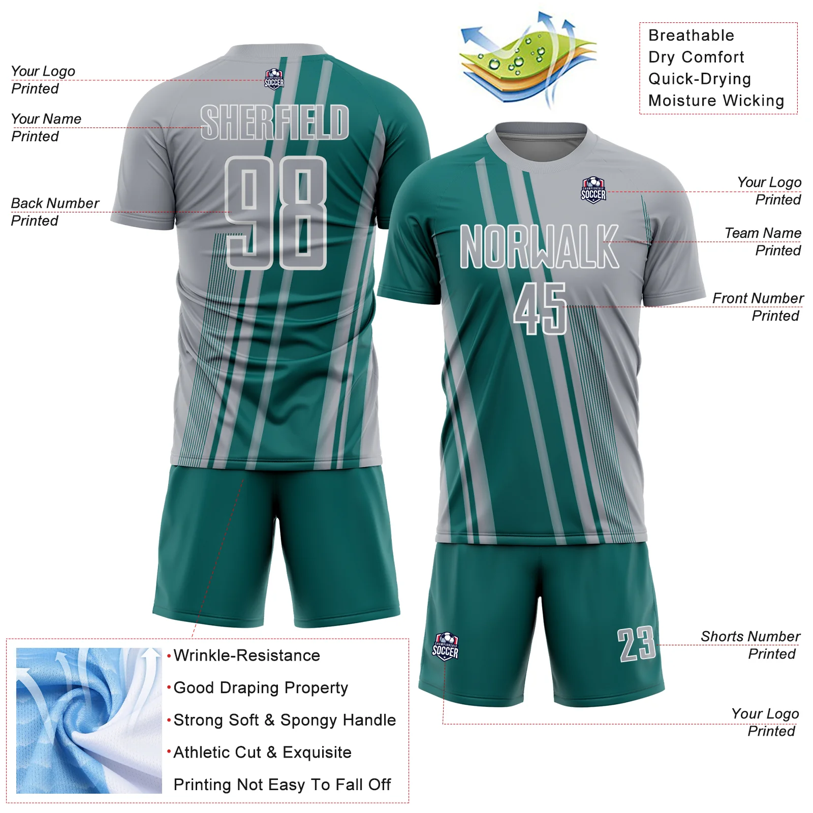 Custom Gray Teal-White Lines Sports Sublimation Soccer Uniform Jersey - Image 4