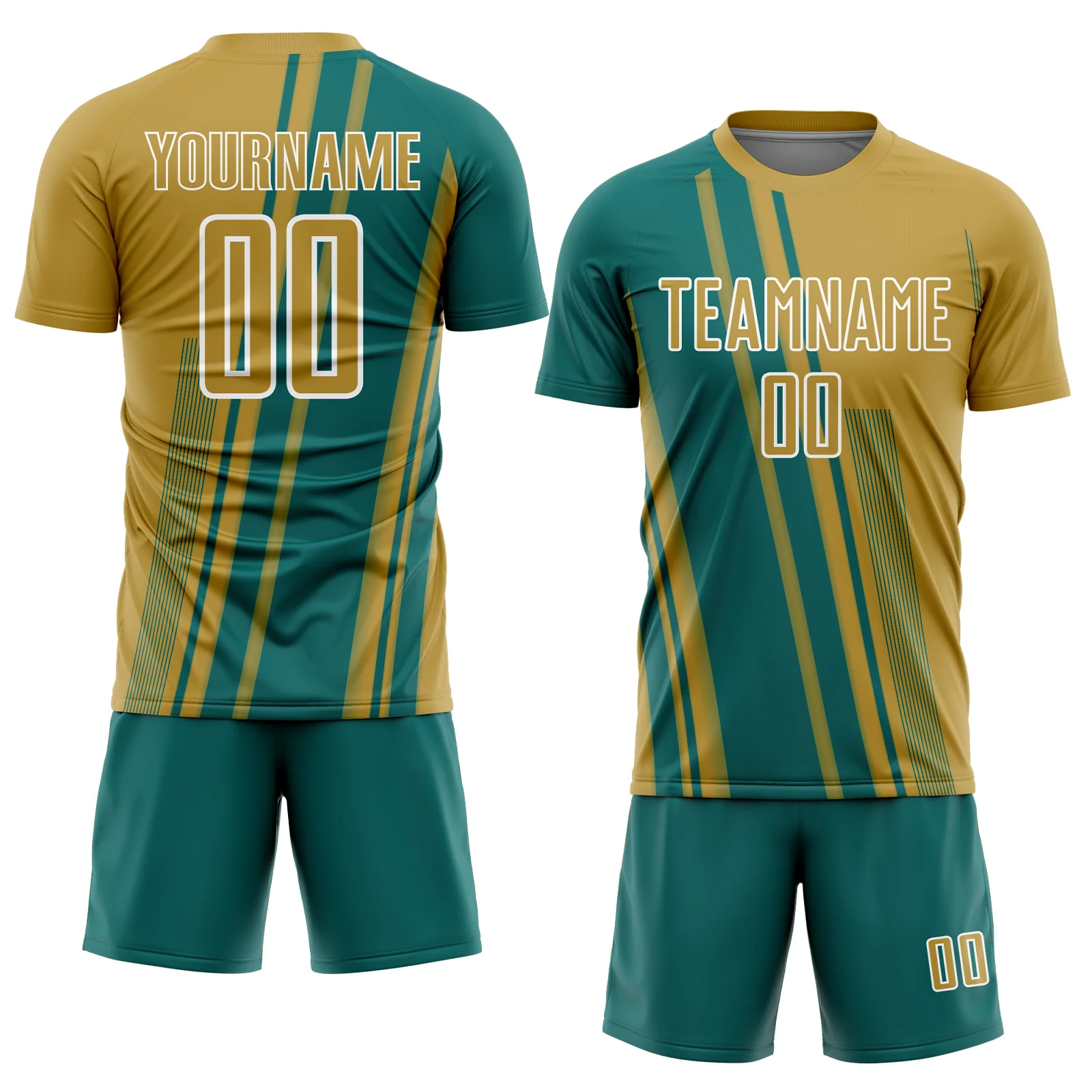 Custom Old Gold Teal-White Lines Sports Sublimation Soccer Uniform Jersey - Image 2