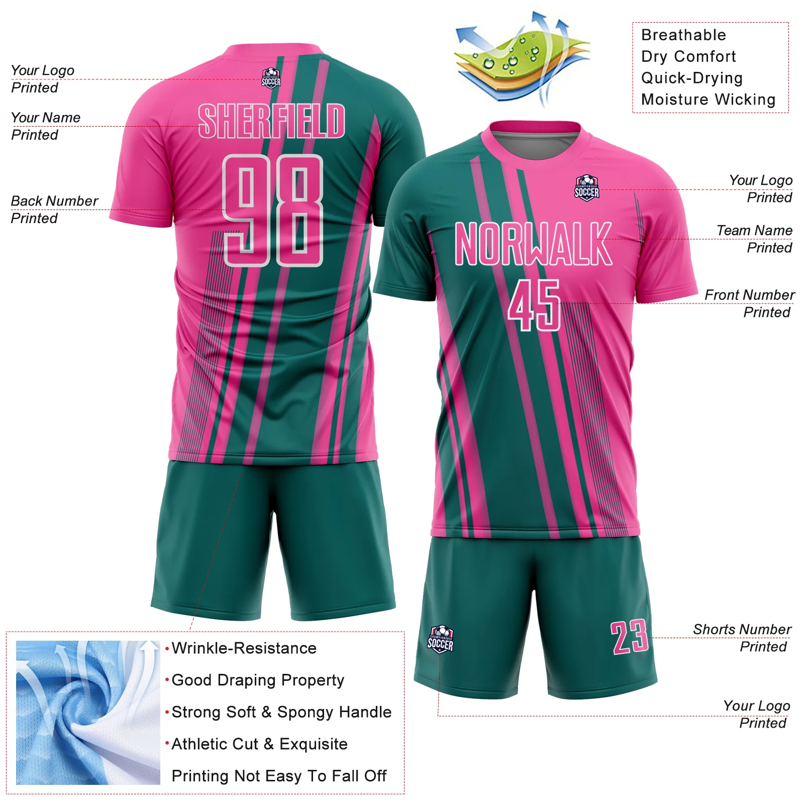 Custom Pink Teal-White Lines Sports Sublimation Soccer Uniform Jersey - Image 4