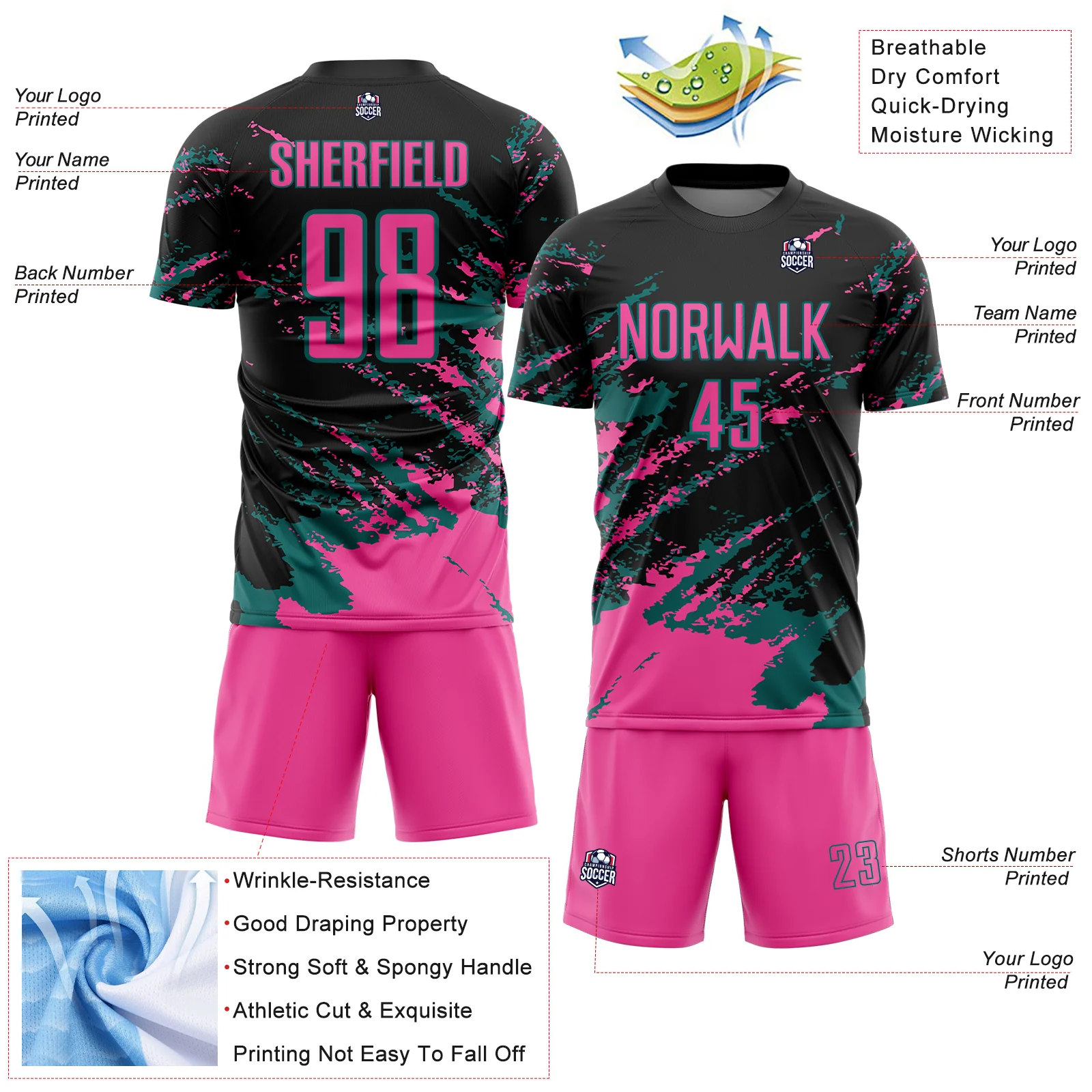 Custom Black Pink-Teal Abstract Fragment Art Splash Sports Sublimation Soccer Uniform Jersey - Image 4