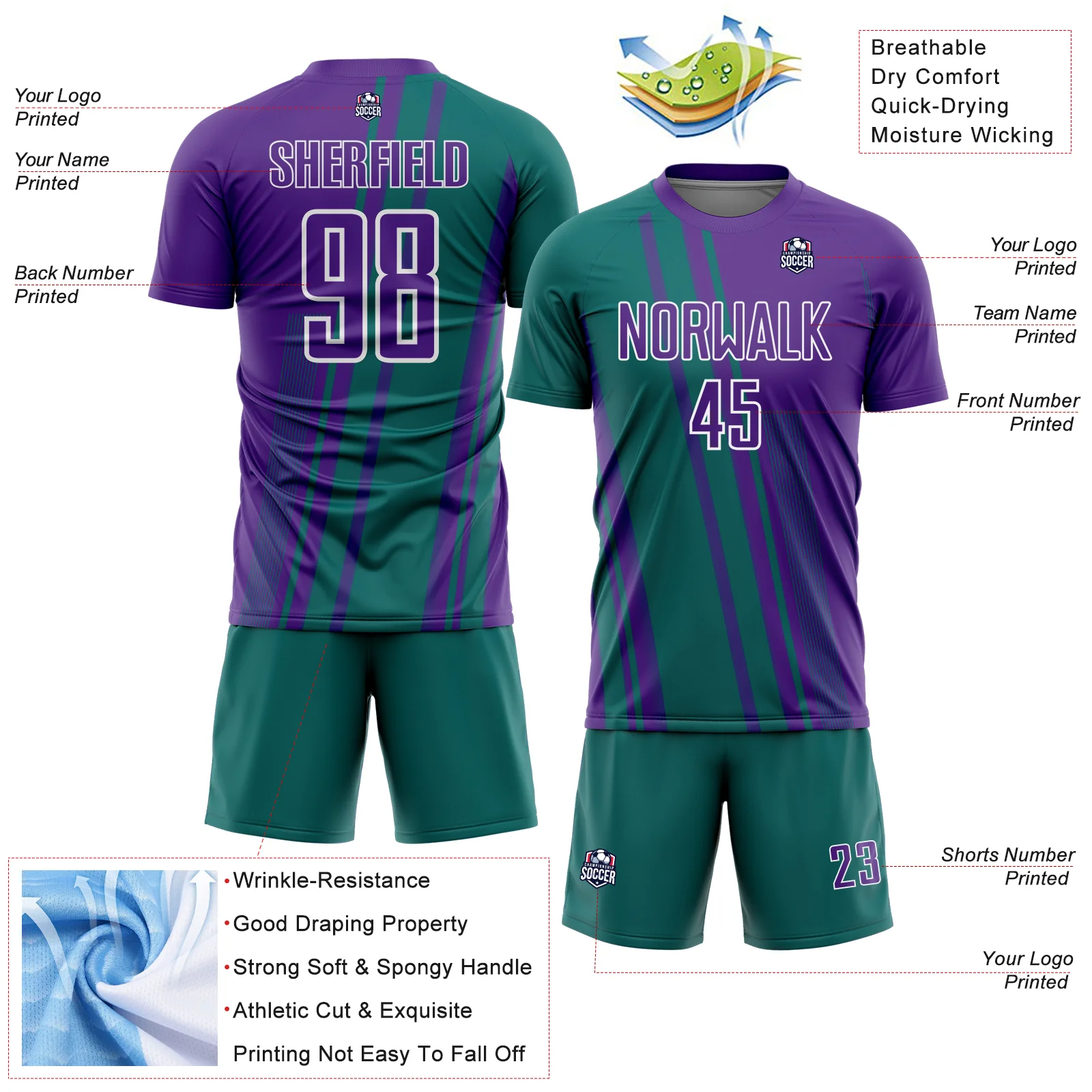 Custom Purple Teal-White Lines Sports Sublimation Soccer Uniform Jersey - Image 4