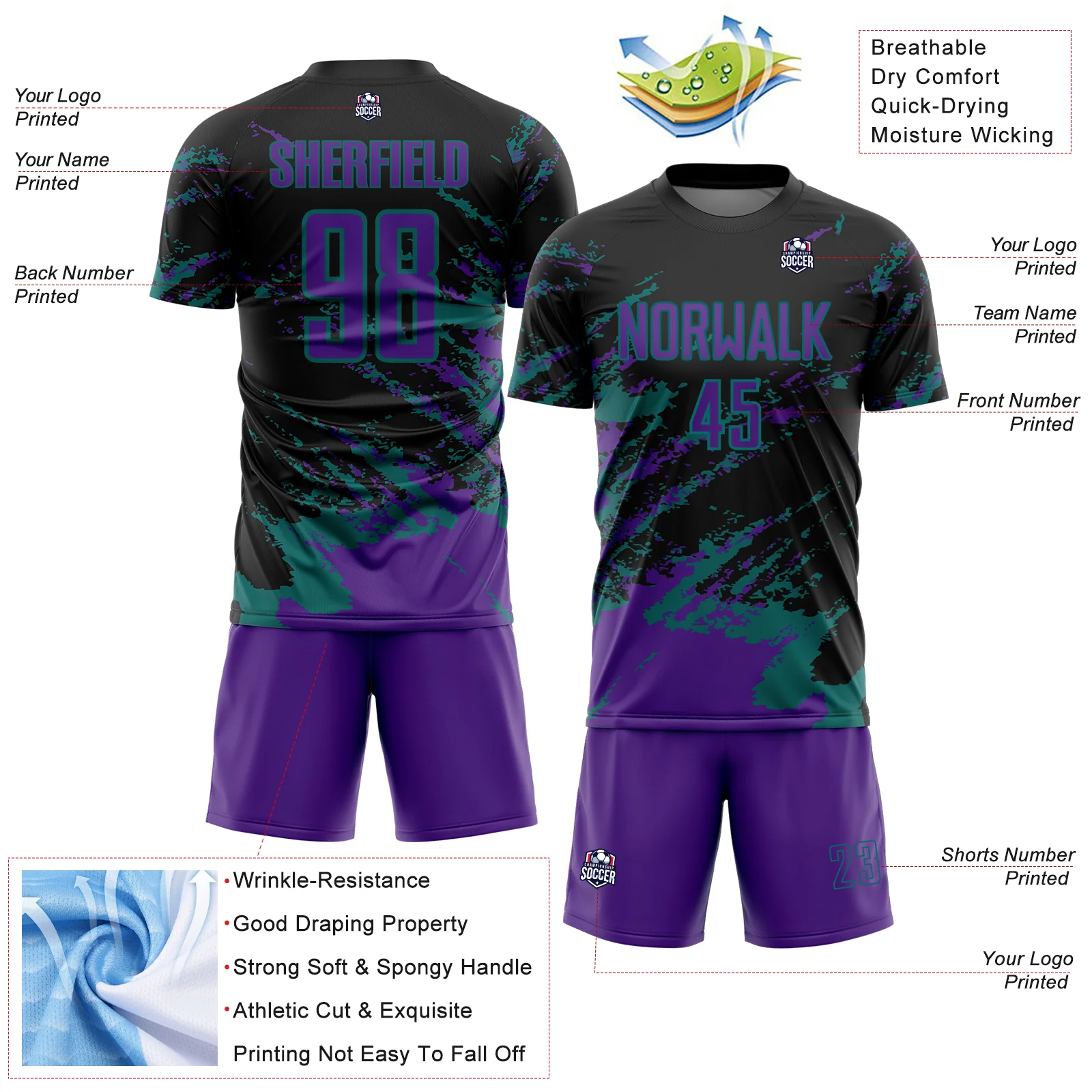 Custom Black Purple-Teal Abstract Fragment Art Splash Sports Sublimation Soccer Uniform Jersey - Image 4