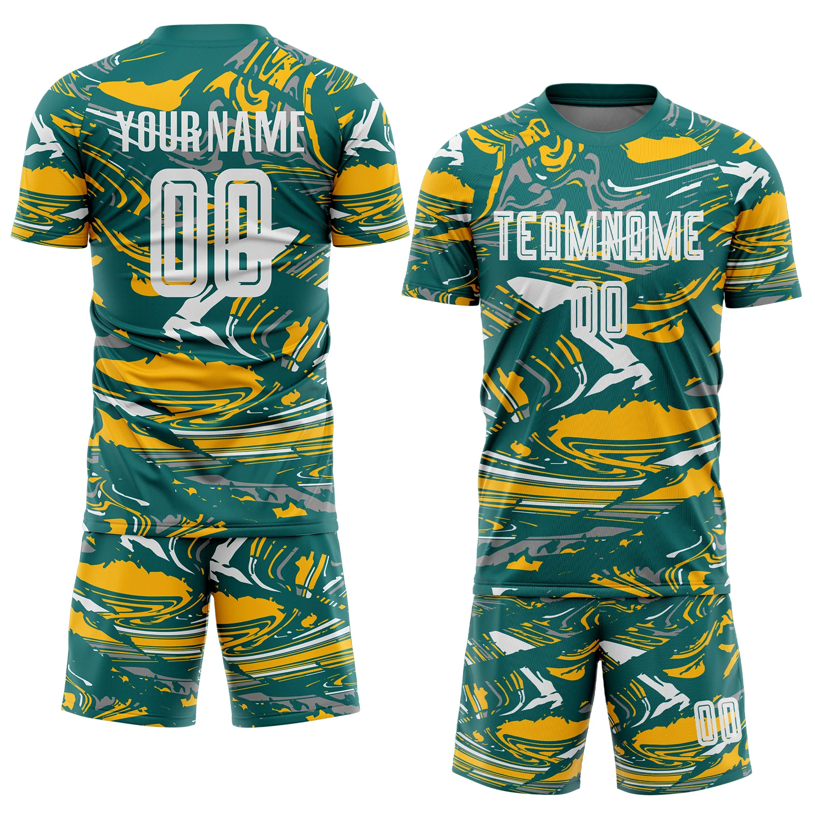 Custom Figure White Teal-Gold Fluid Art Splash Sublimation Soccer Uniform Jersey - Image 2