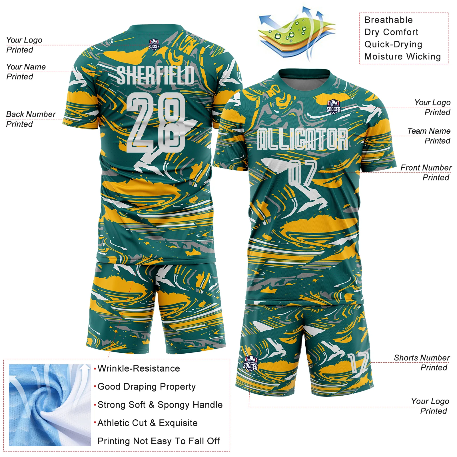 Custom Figure White Teal-Gold Fluid Art Splash Sublimation Soccer Uniform Jersey - Image 4
