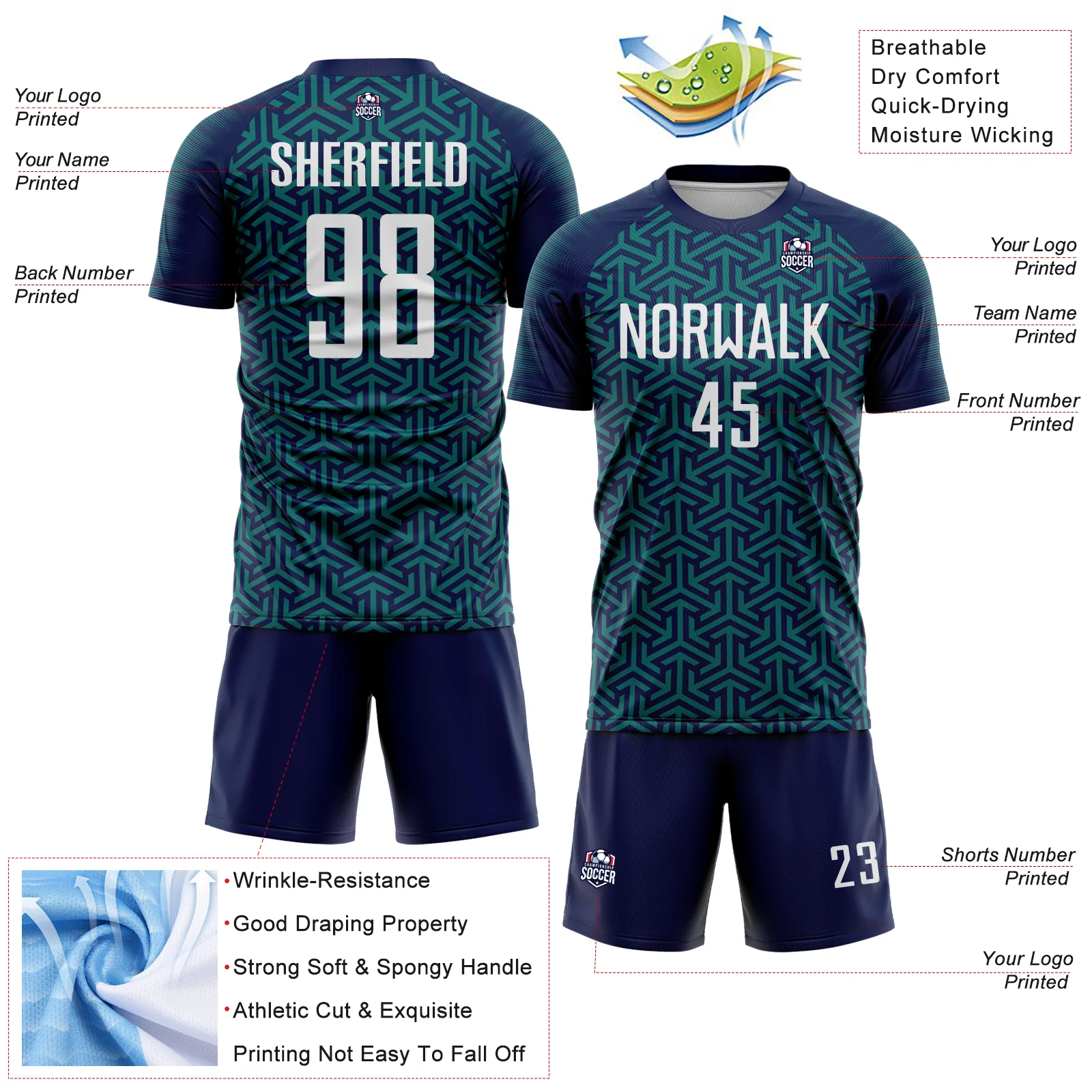 Custom Navy White-Teal Geometric Arrow Sublimation Soccer Uniform Jersey - Image 4