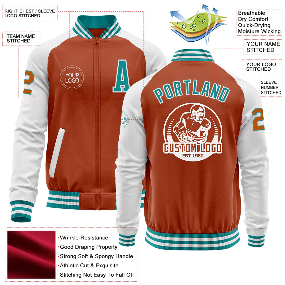 Custom Texas Orange Teal-White Bomber Varsity Letterman Two Tone Zipper Jacket - Image 4