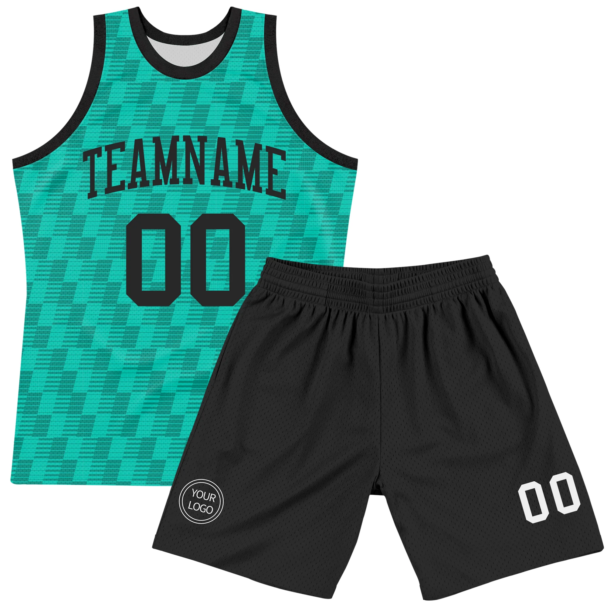 Custom Teal White Line Round Neck Sublimation Basketball Suit Jersey - Image 2