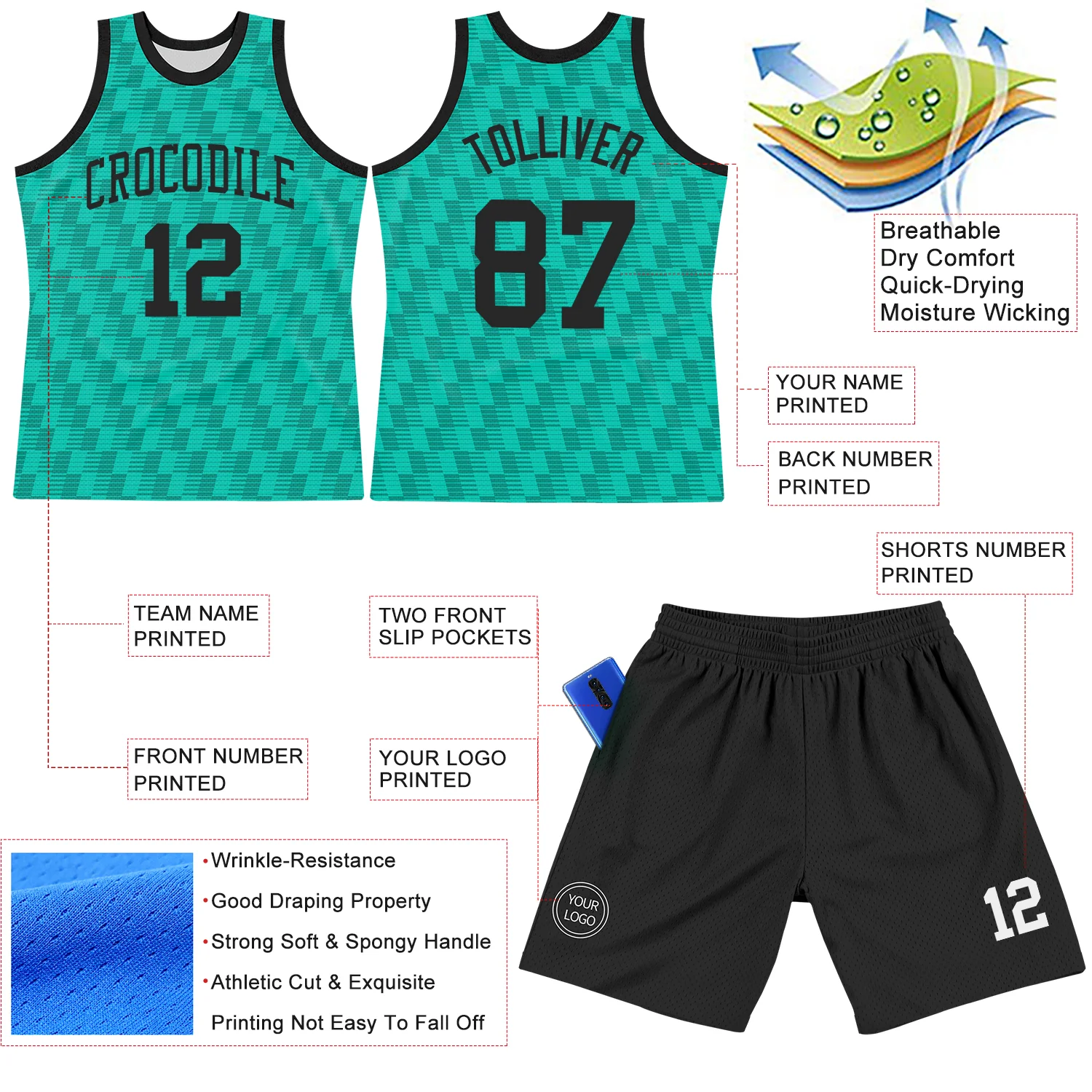 Custom Teal White Line Round Neck Sublimation Basketball Suit Jersey - Image 3