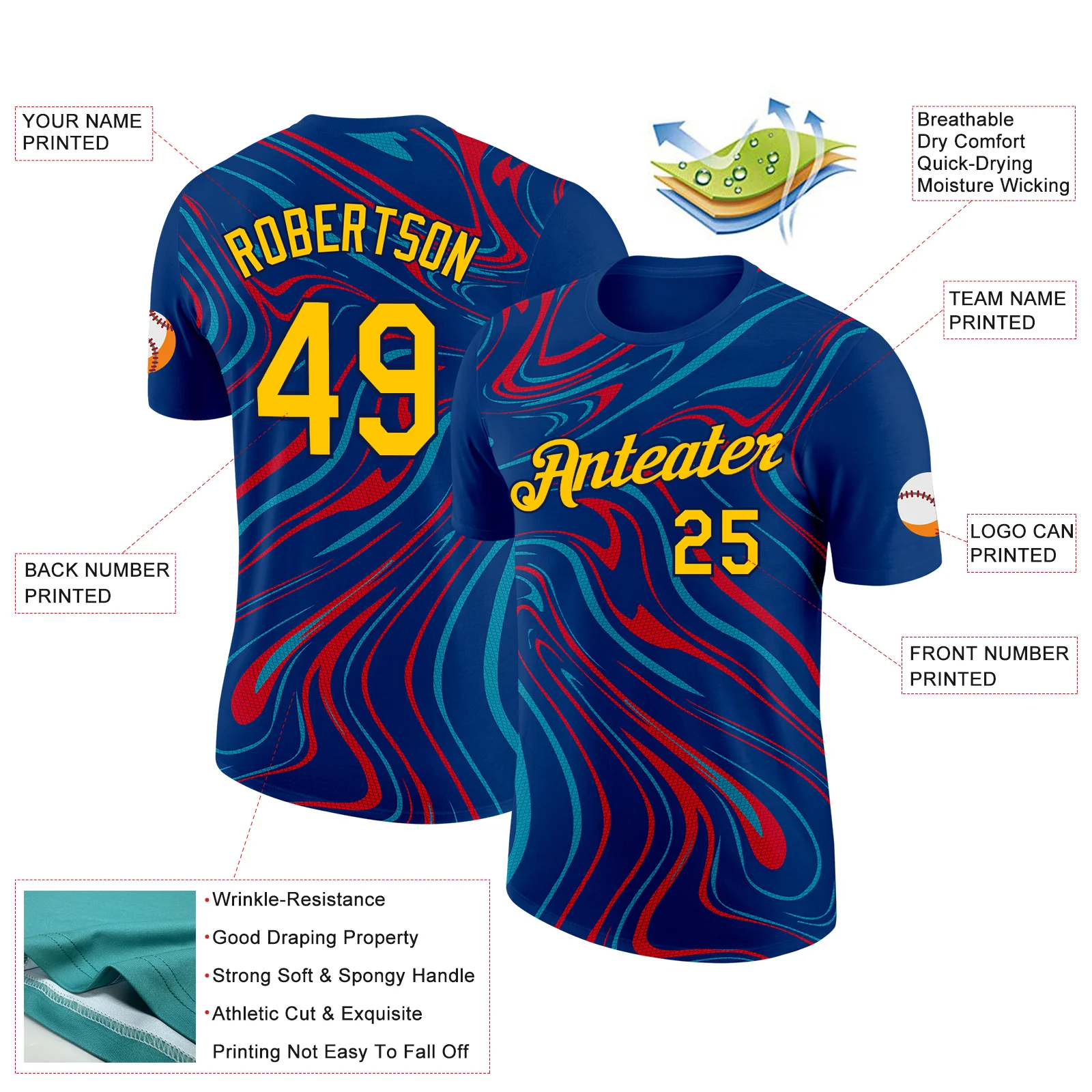 Custom US Navy Blue Yellow Teal Fire Red-Navy 3D Esports Performance T-Shirt - Image 2