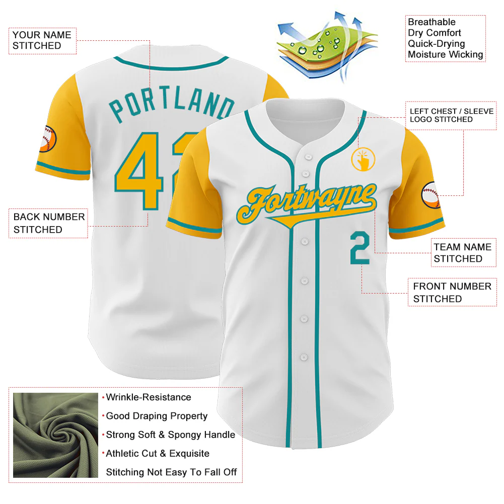Custom White Gold-Teal Authentic Two Tone Baseball Jersey - Image 3