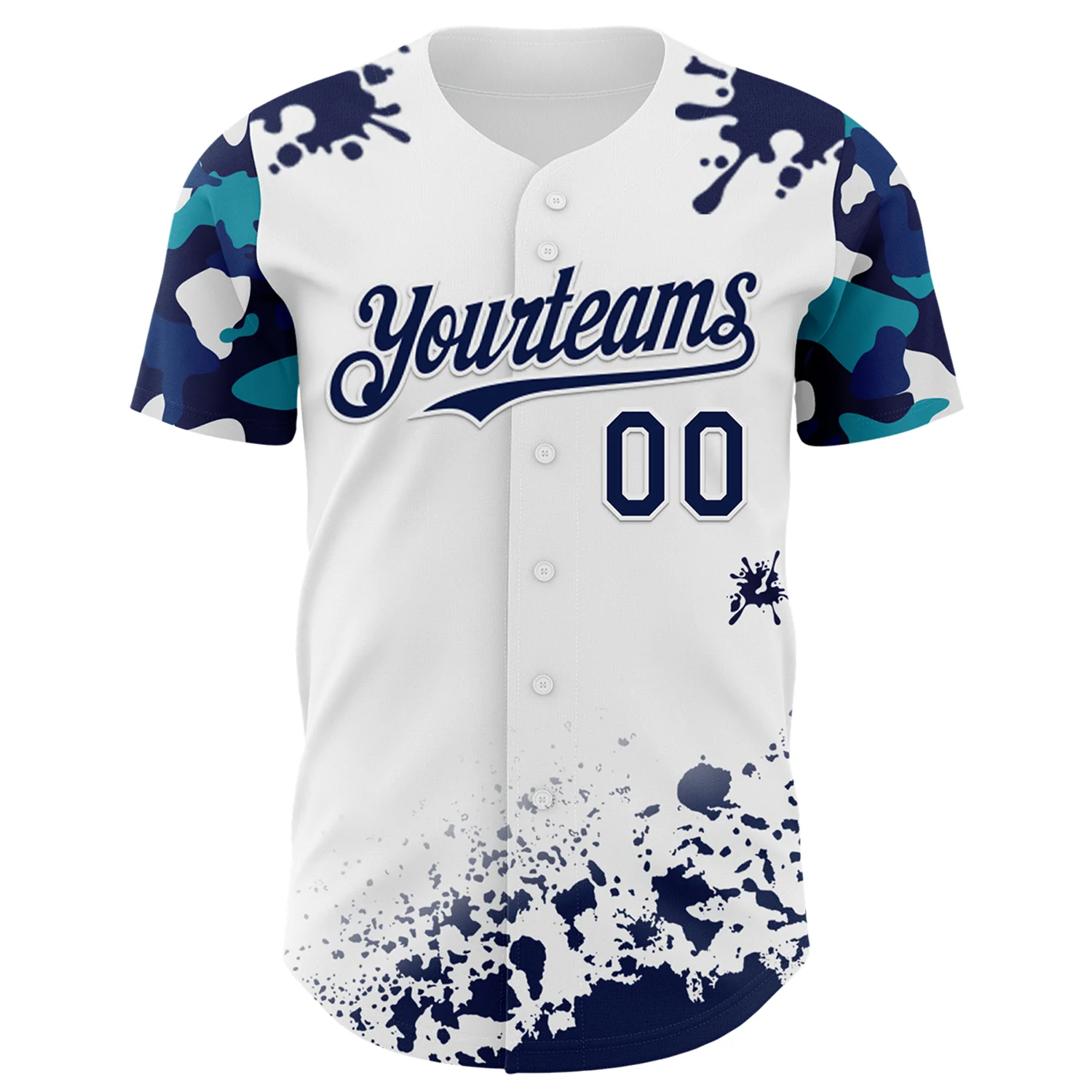 Custom White Navy-Teal Splatter Camo Two Tone Authentic Baseball Jersey - Image 2