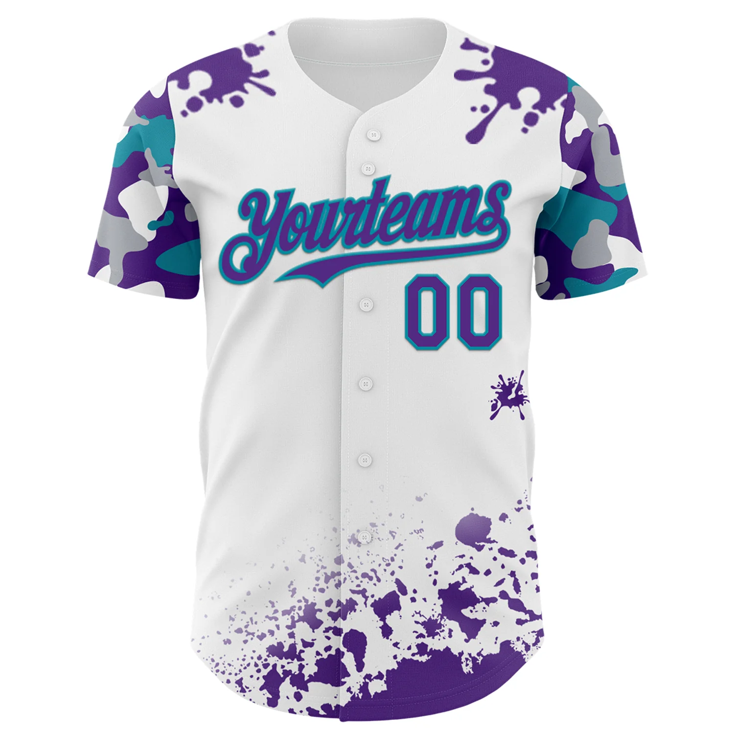 Custom White Purple Teal-Gray Splatter Camo Two Tone Authentic Baseball Jersey - Image 2