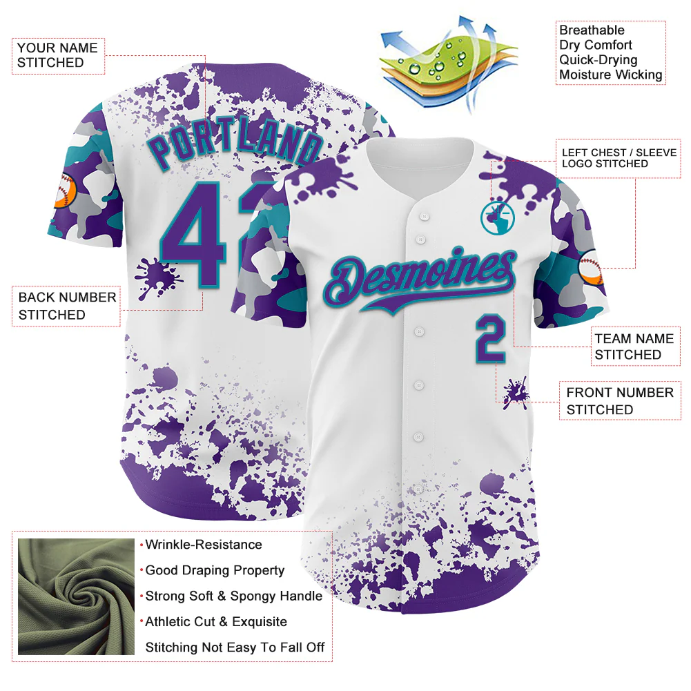 Custom White Purple Teal-Gray Splatter Camo Two Tone Authentic Baseball Jersey - Image 3