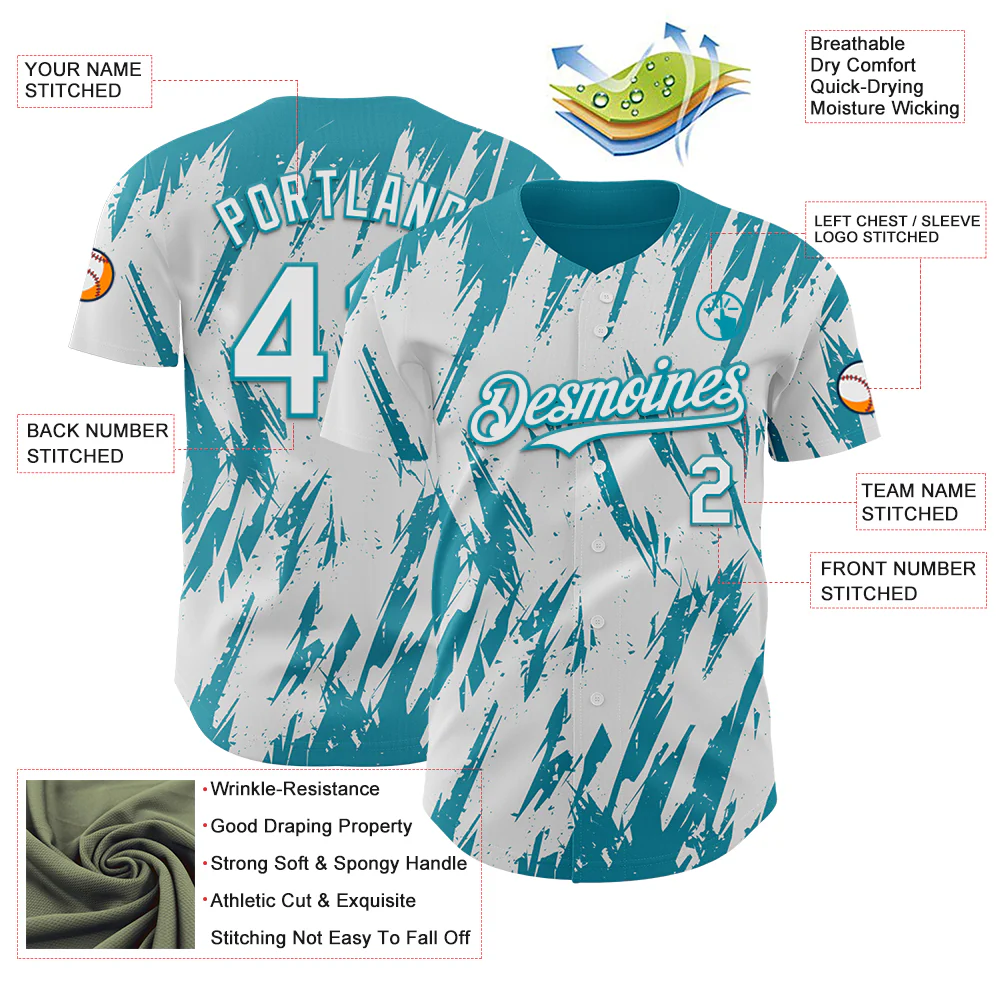 Custom White Teal Splatter Torn Sharp Brush Stroke Authentic Baseball Jersey - Image 3