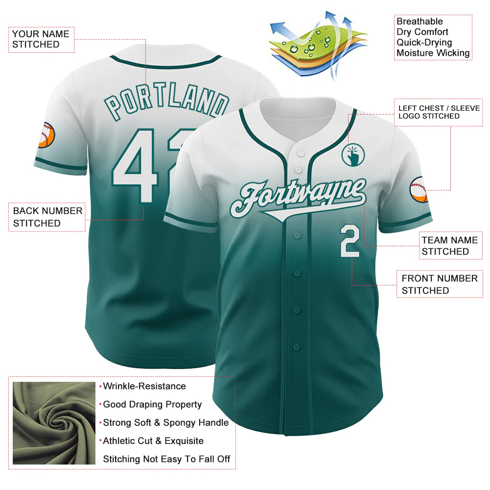 Custom White Teal Authentic Fade Fashion Baseball Jersey - Image 3