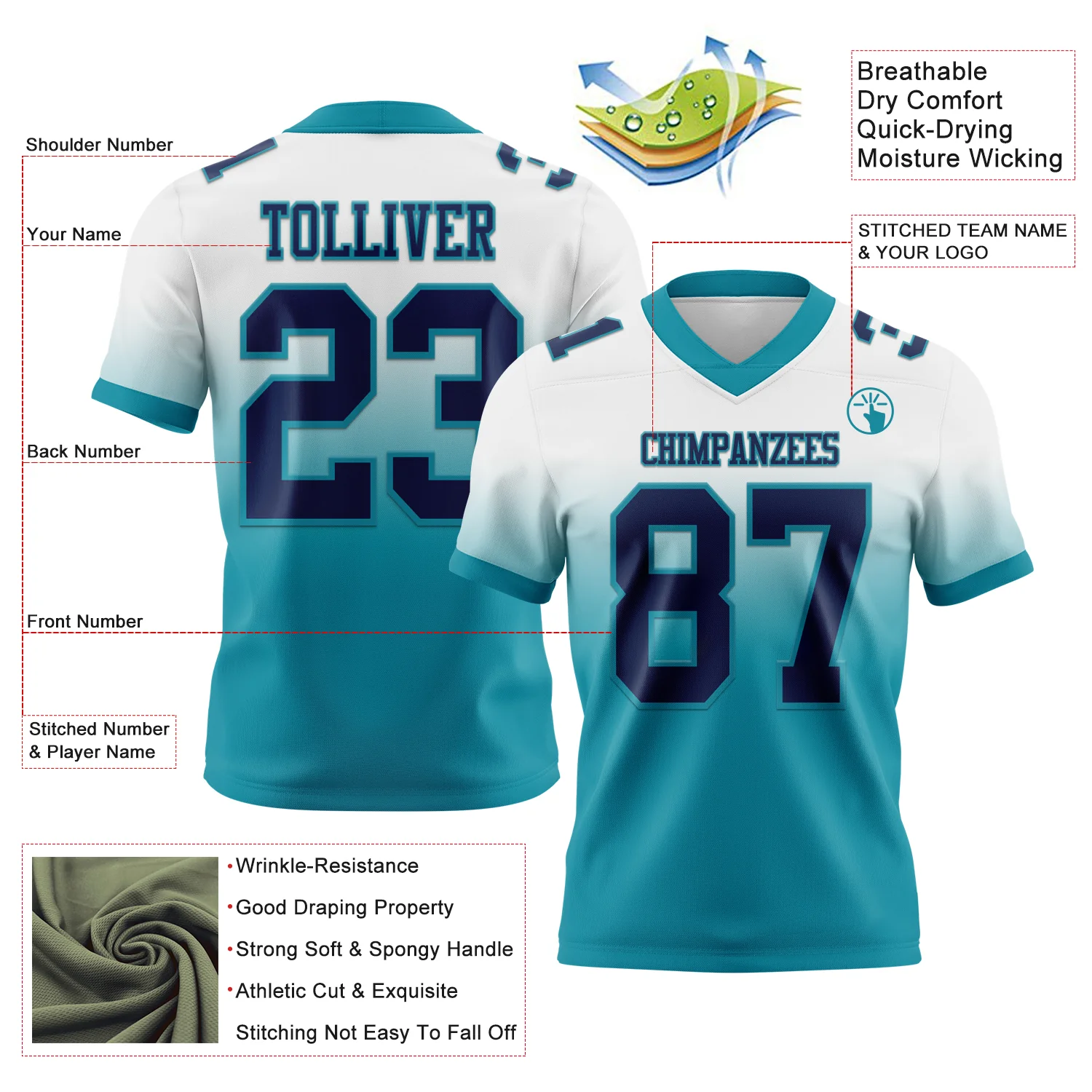 Custom White Navy-Teal Authentic Fade Fashion Football Jersey - Image 2