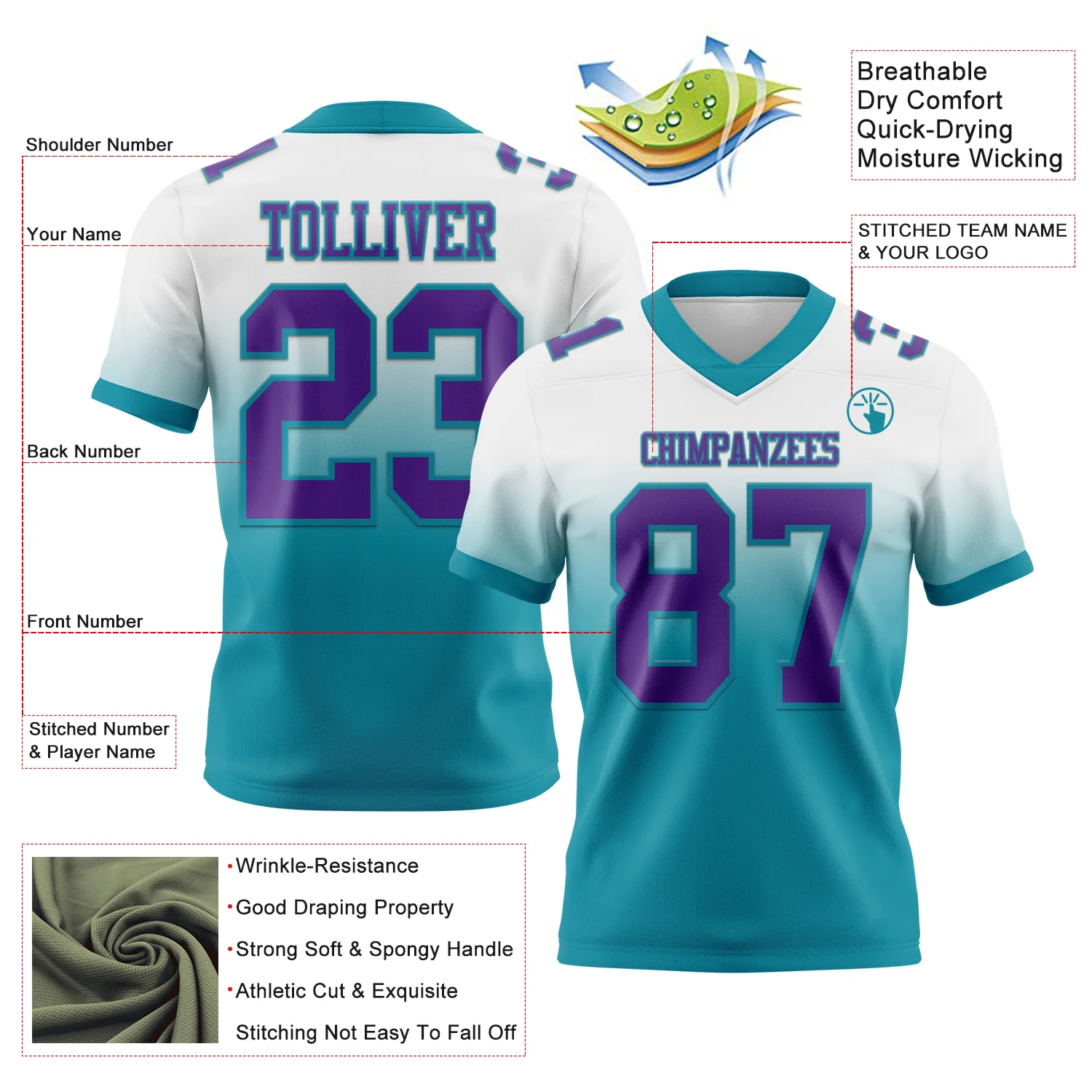 Custom White Purple-Teal Authentic Fade Fashion Football Jersey - Image 2