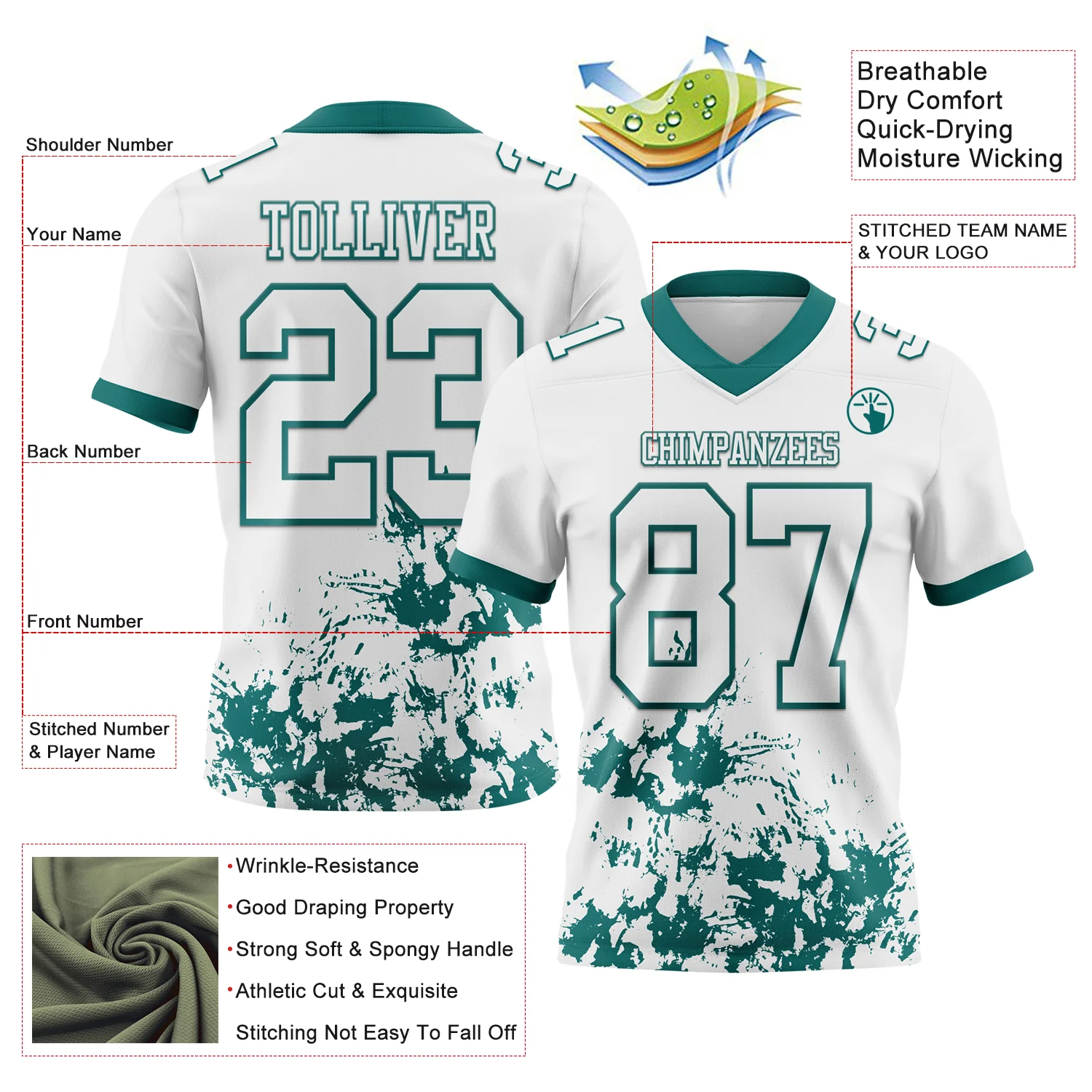 Custom White Teal 3D Pattern Splash Authentic Football Jersey - Image 2