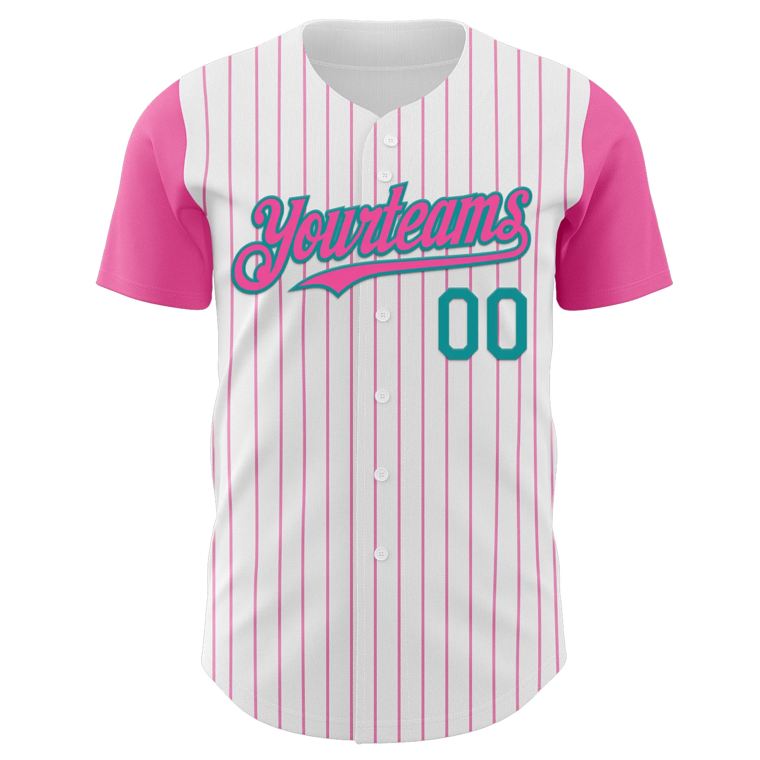 Custom White Pink Pinstripe Teal Authentic Two Tone Baseball Jersey - Image 2