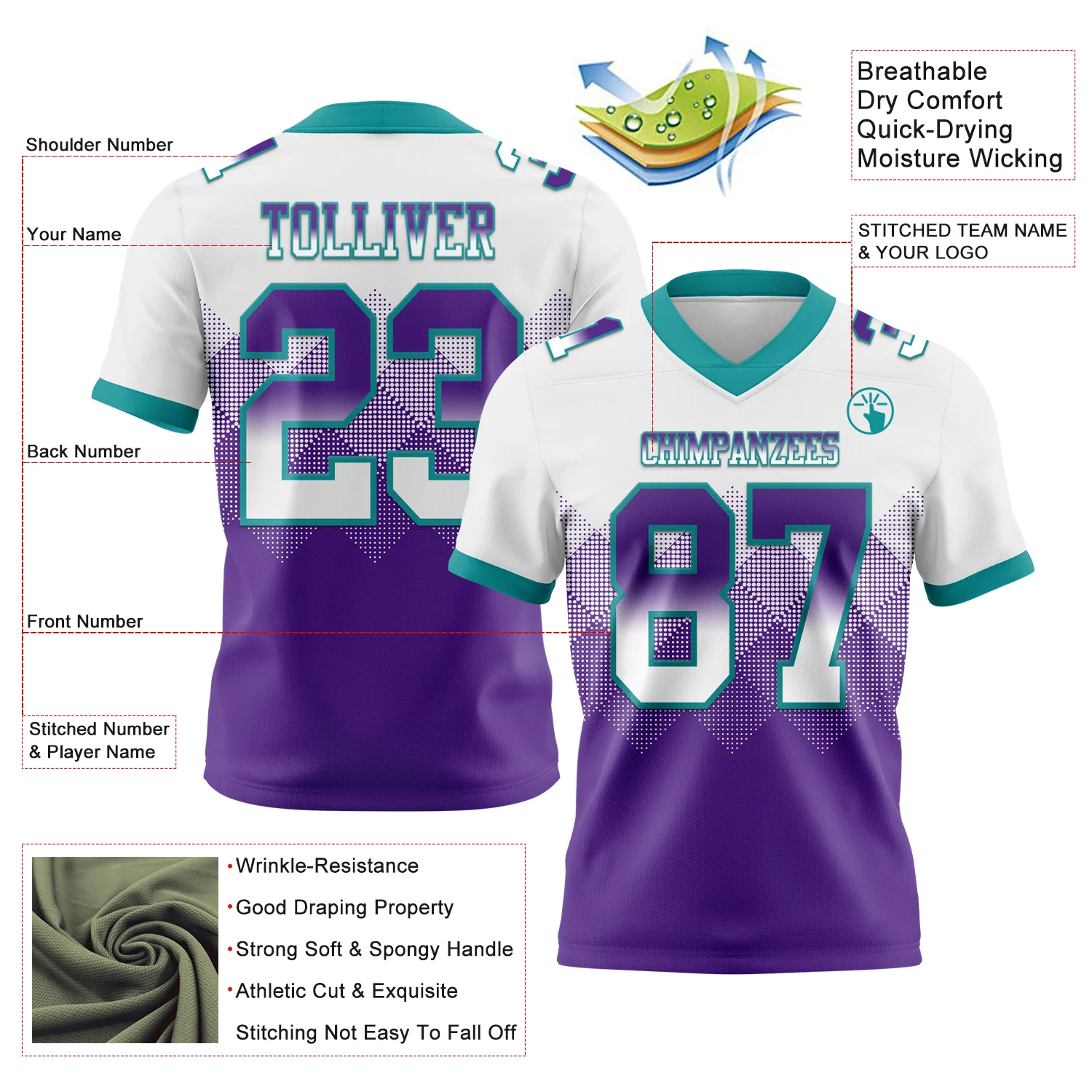 Custom White Purple-Teal Authentic Gradient Square Shape Flag Football Jersey - Image 2