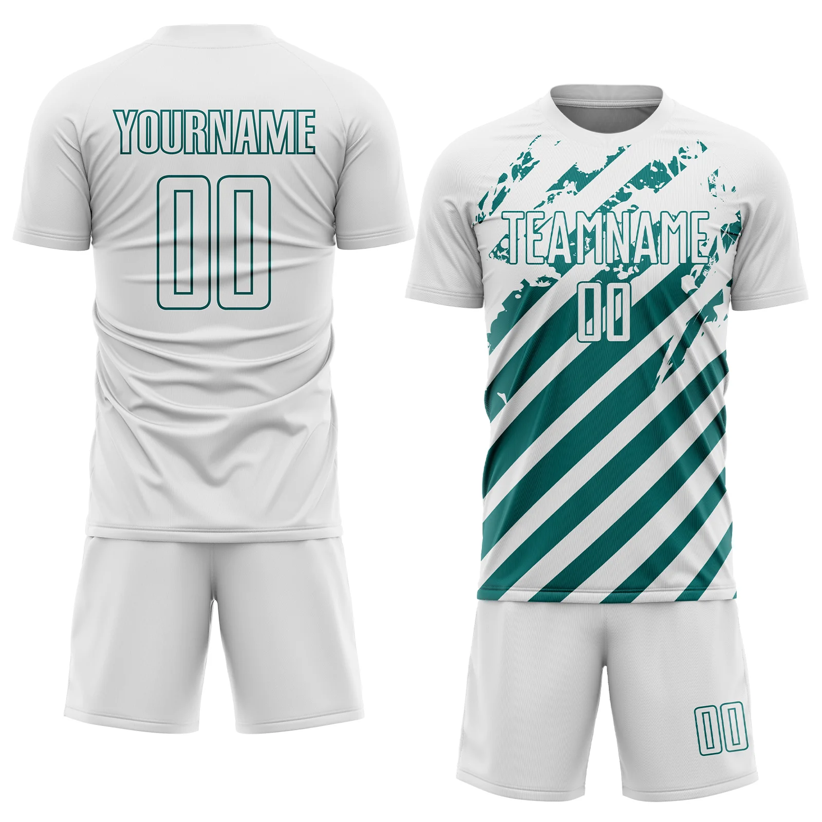 Custom White Teal Distressed Diagonal Stripe Pattern Sports Sublimation Soccer Uniform Jersey - Image 2