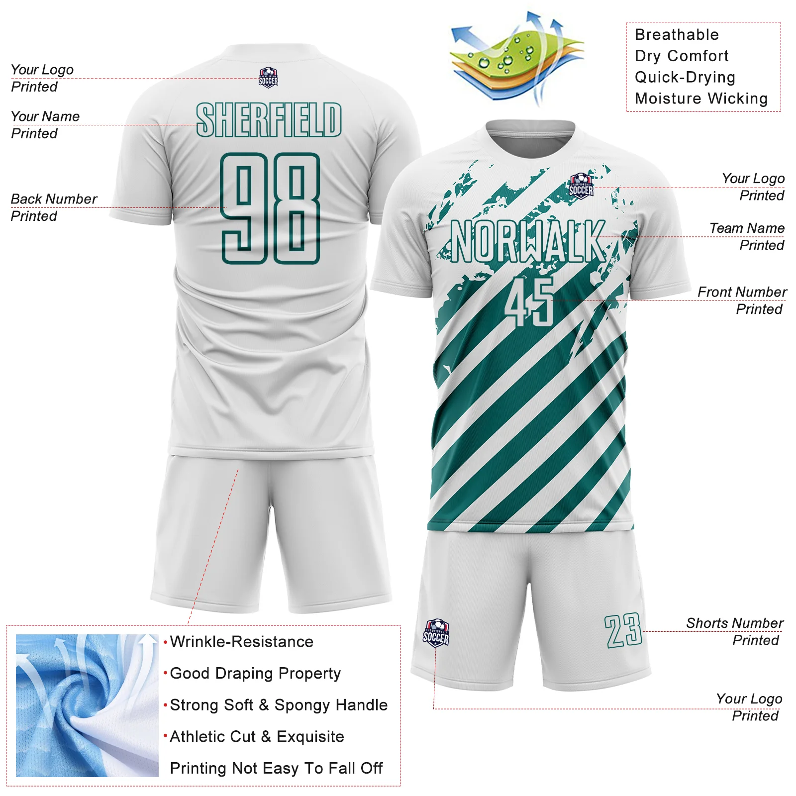 Custom White Teal Distressed Diagonal Stripe Pattern Sports Sublimation Soccer Uniform Jersey - Image 4