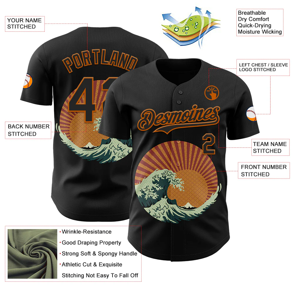 Custom Black Black-Texas Orange 3D Tobe Fonseca Kanagawa Wave Japanese Authentic Baseball Jersey - Image 3