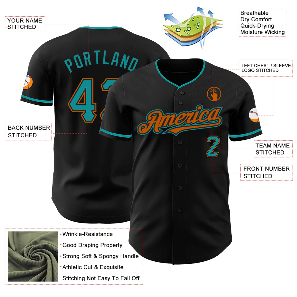 Custom Black Teal-Texas Orange Authentic Baseball Jersey - Image 3