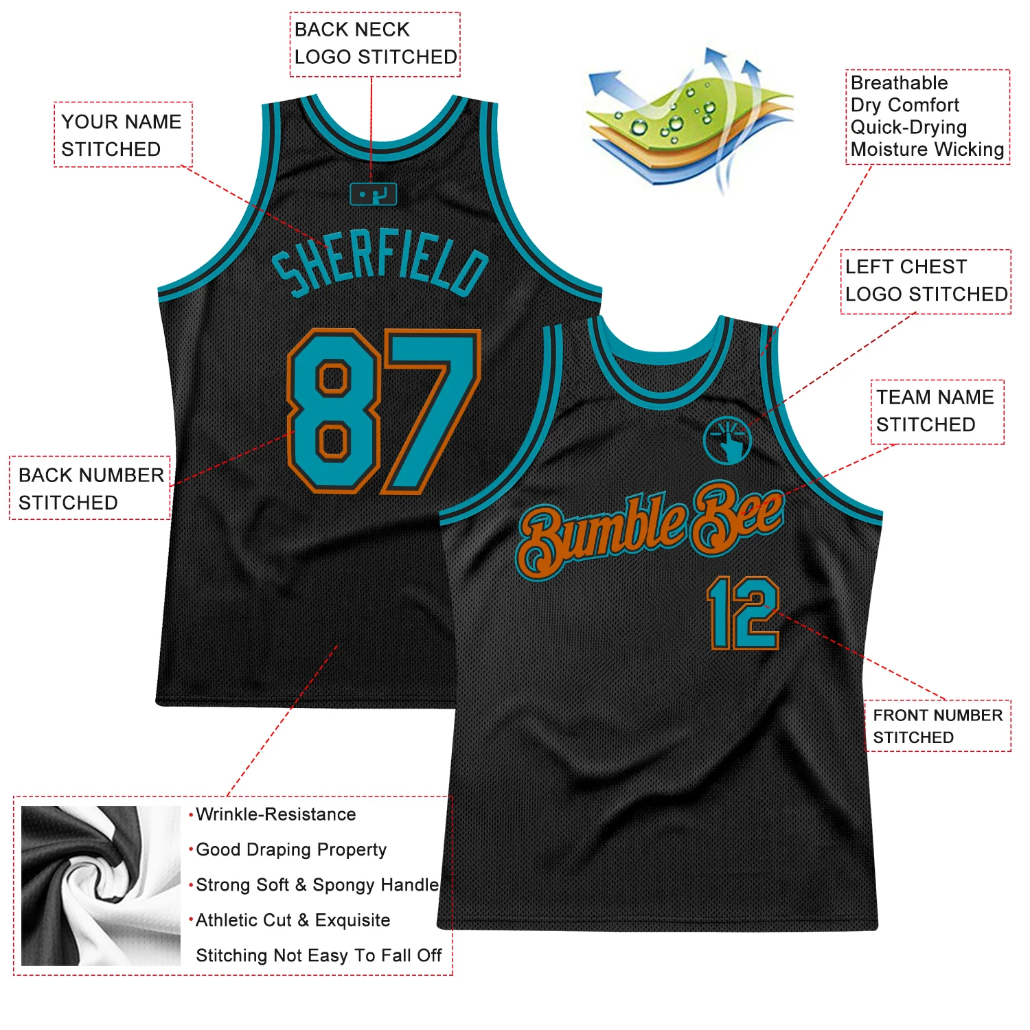 Custom Black Teal-Texas Orange Authentic Throwback Basketball Jersey - Image 2