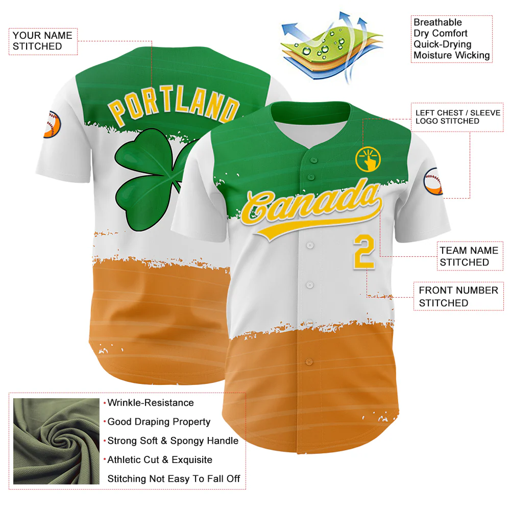 Custom Green Yellow-Texas Orange 3D St. Patrick's Day Shamrock Authentic Baseball Jersey - Image 3