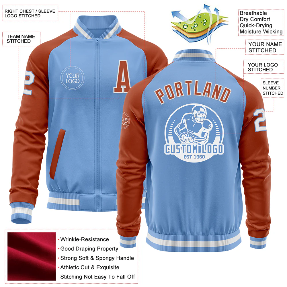 Custom Light Blue White-Texas Orange Bomber Varsity Letterman Two Tone Zipper Jacket - Image 4