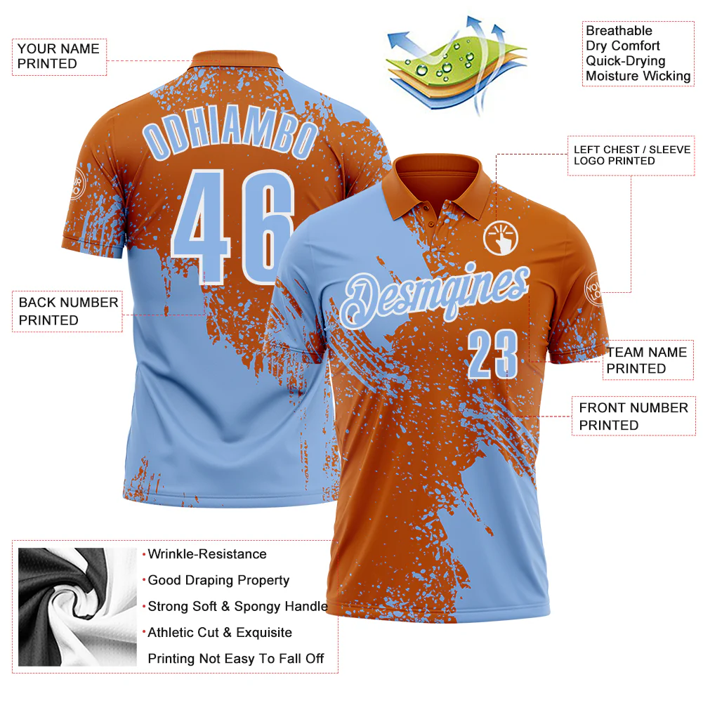 Custom Light Blue Texas Orange-White 3D Pattern Design Abstract Brush Stroke Performance Polo Shirt - Image 3
