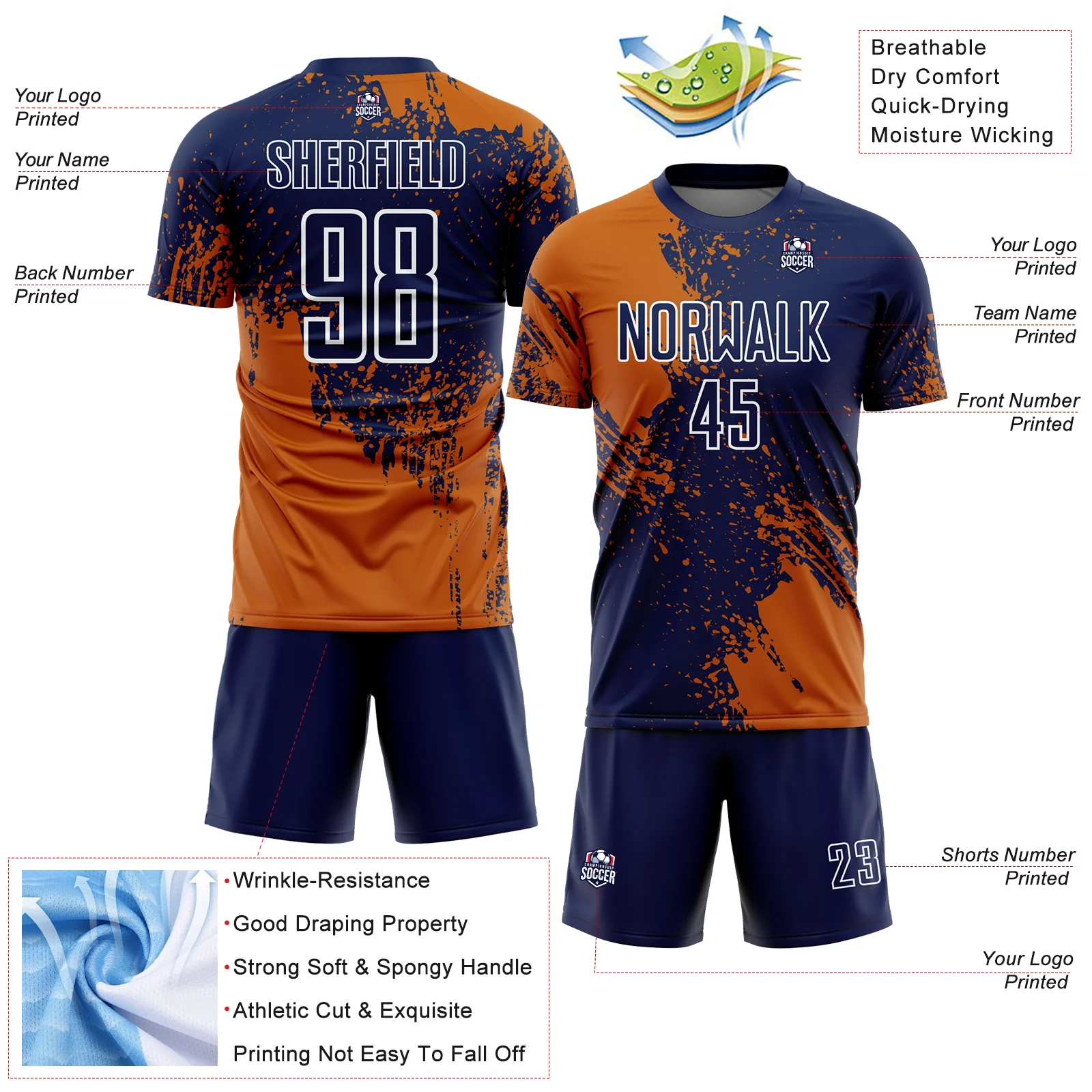 Custom Navy Texas Orange-White Abstract Brush Stroke Sports Sublimation Soccer Uniform Jersey - Image 4