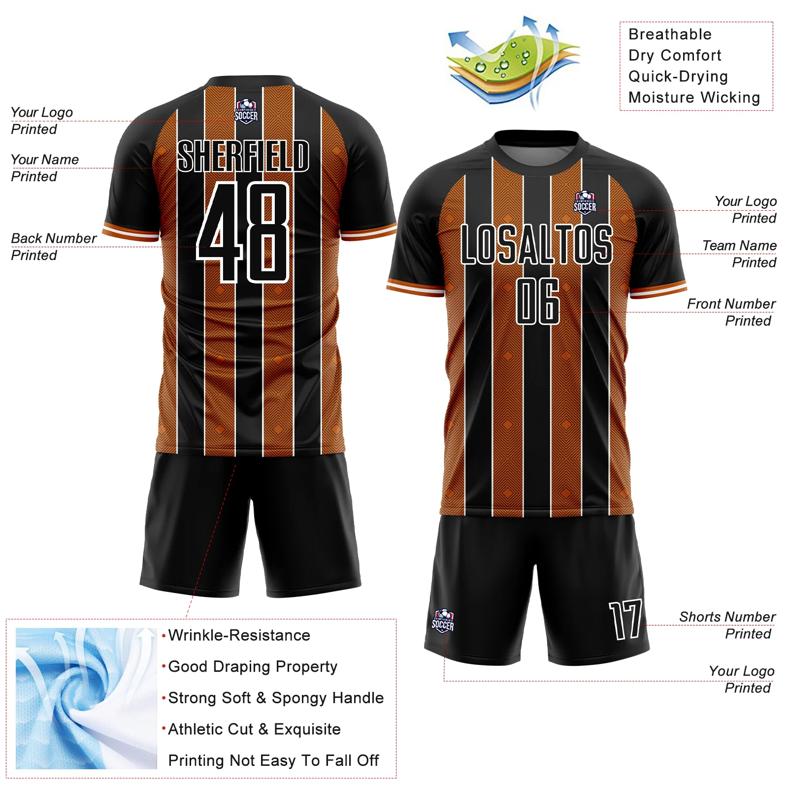 Custom Black Texas Orange-White Pinstripe Line Sports Sublimation Soccer Uniform Jersey - Image 4