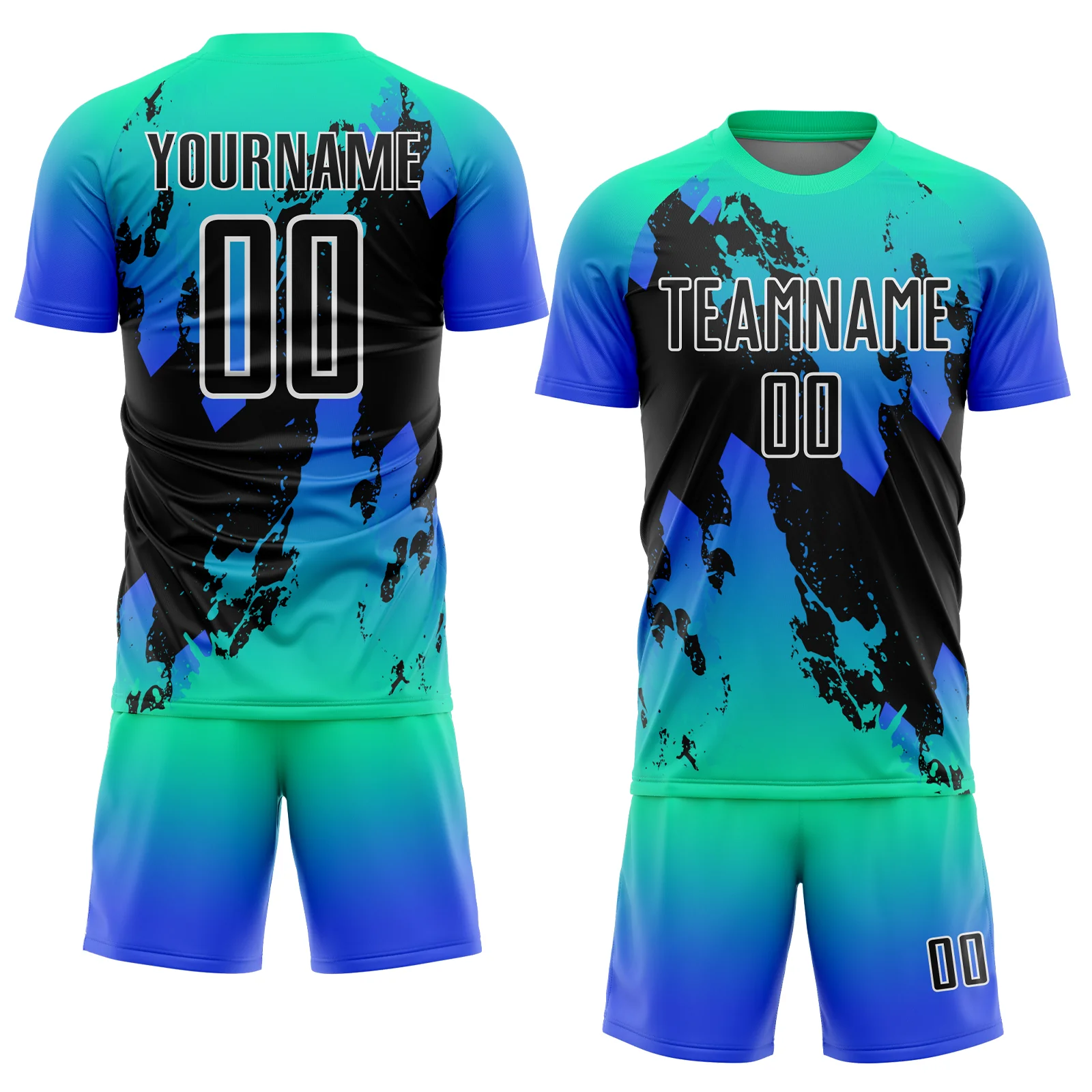 Custom Aqua Black-Thunder Blue Splash Sublimation Soccer Uniform Jersey - Image 2