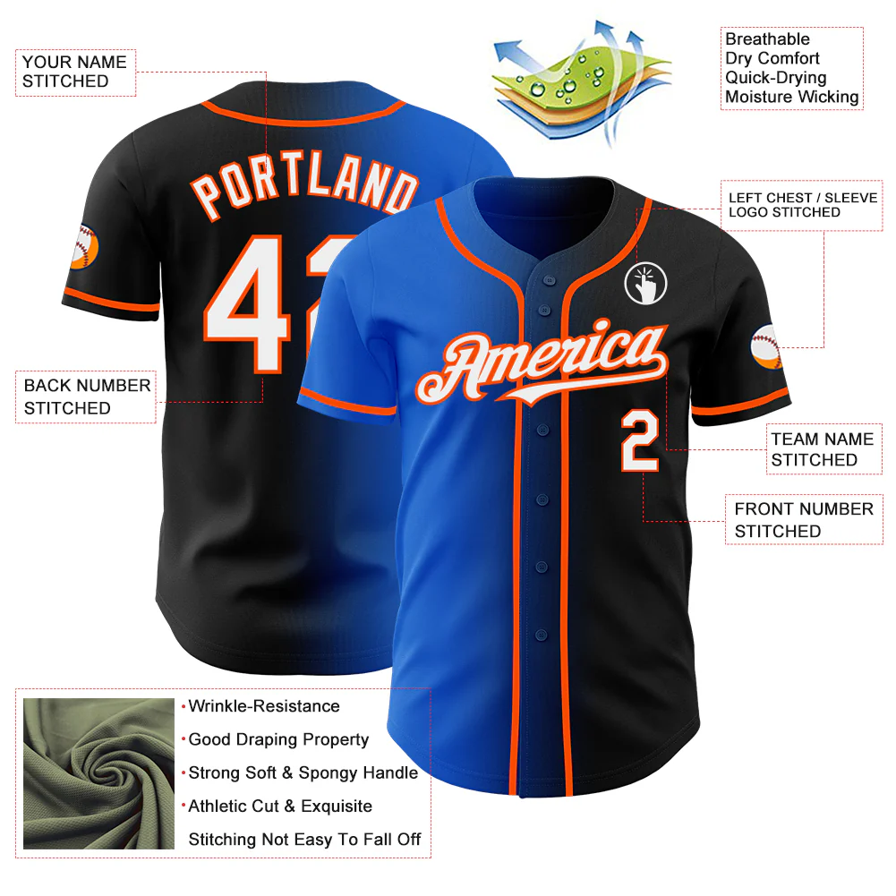Custom Black White Thunder Blue-Orange Authentic Gradient Fashion Baseball Jersey - Image 3
