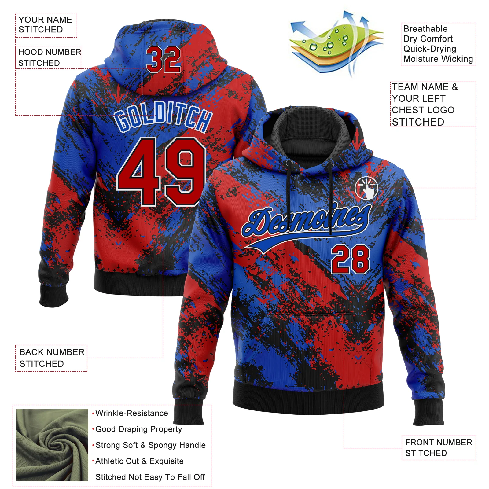 Custom Stitched Black Red Thunder Blue-White Abstract Splatter Sports Pullover Sweatshirt Hoodie - Image 4