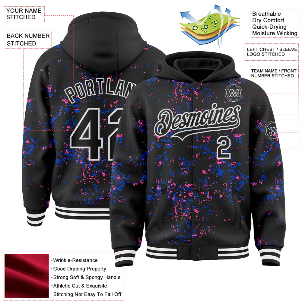 Custom Black Thunder Blue Pink-White Fragment Pattern Bomber Full-Snap Varsity Letterman Hoodie Jacket - Image 4