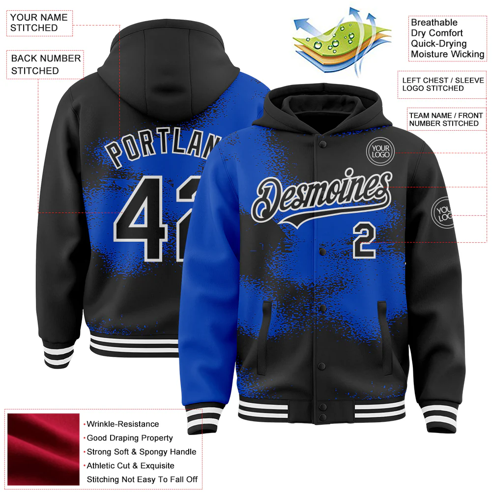 Custom Black Thunder Blue-White Abstract Color Blocks Fragment Pattern Bomber Full-Snap Varsity Letterman Hoodie Jacket - Image 4