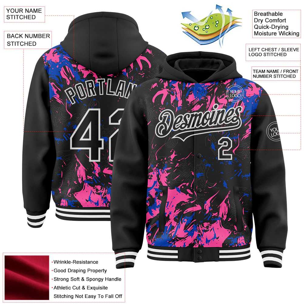 Custom Black Thunder Blue Pink-White Splash Bomber Full-Snap Varsity Letterman Hoodie Jacket - Image 4