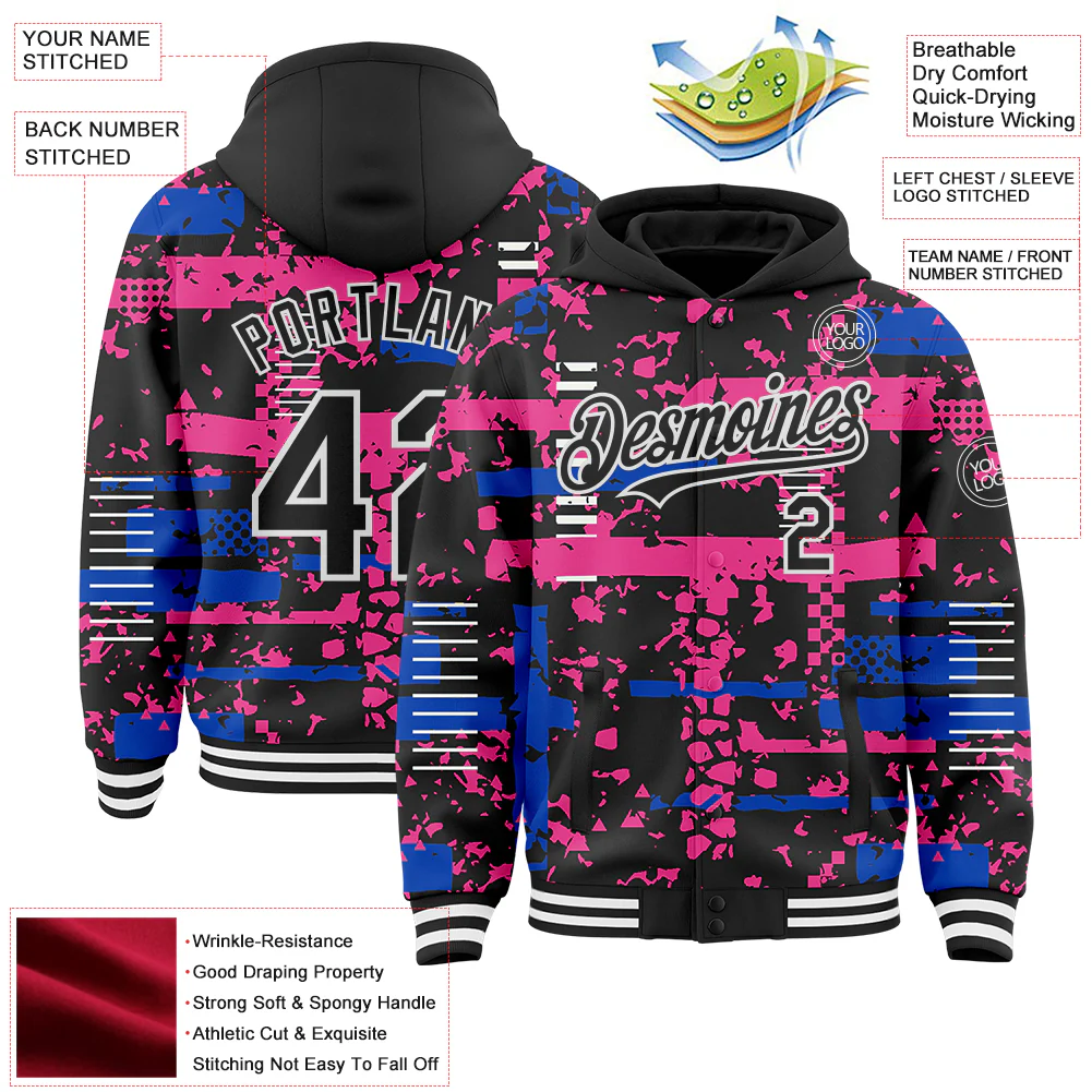 Custom Black Thunder Blue Pink-White Abstract Fragment Shape Bomber Full-Snap Varsity Letterman Hoodie Jacket - Image 4